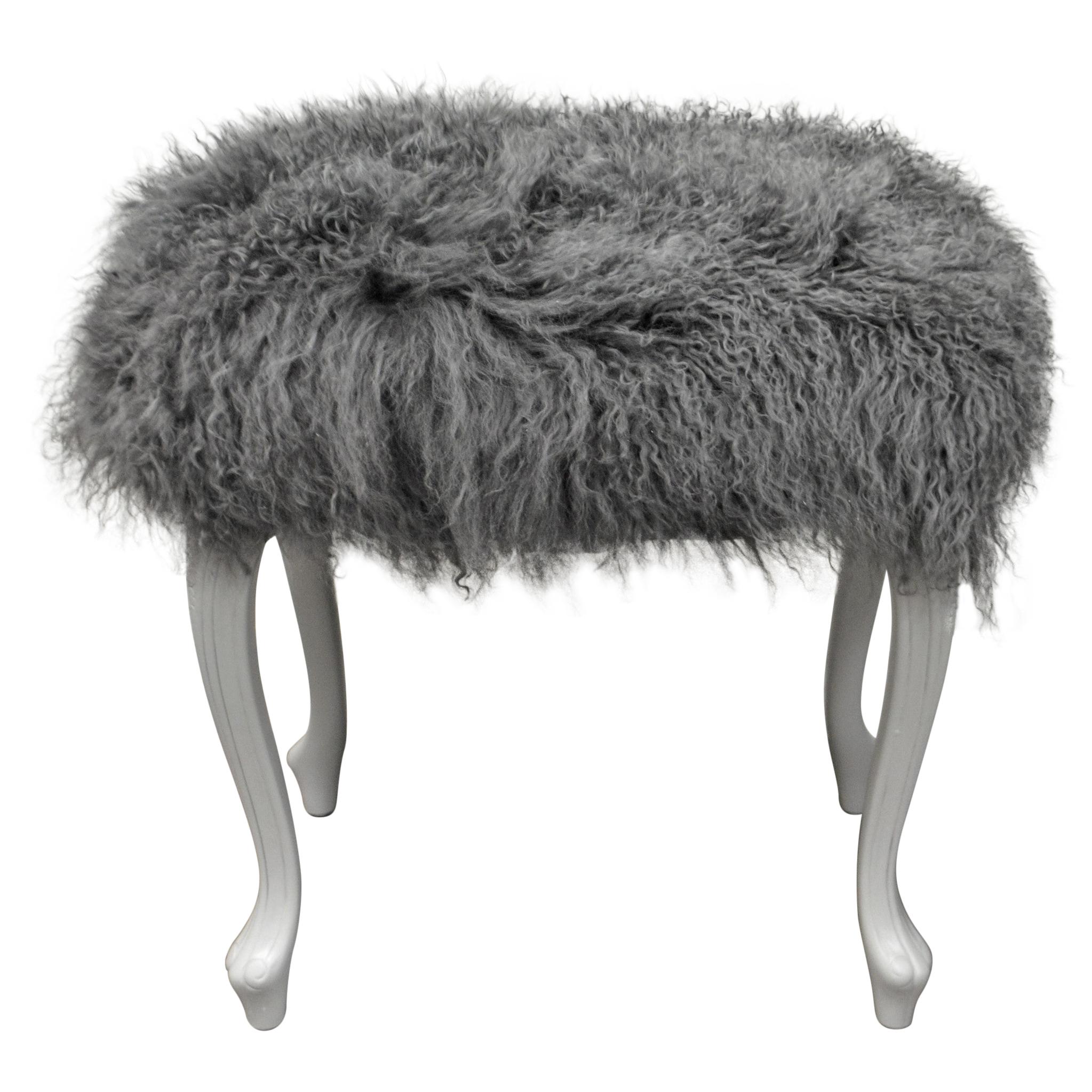 Wooden Painted Bench Upholstered with a Grey Curly Lamb's Wool For Sale