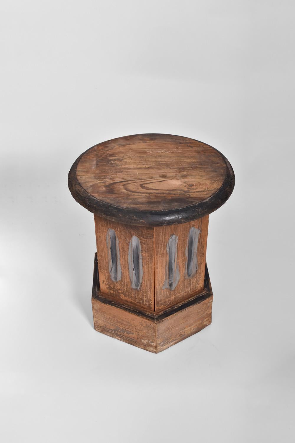 Space Age Wooden patinated column table , 19th c. For Sale