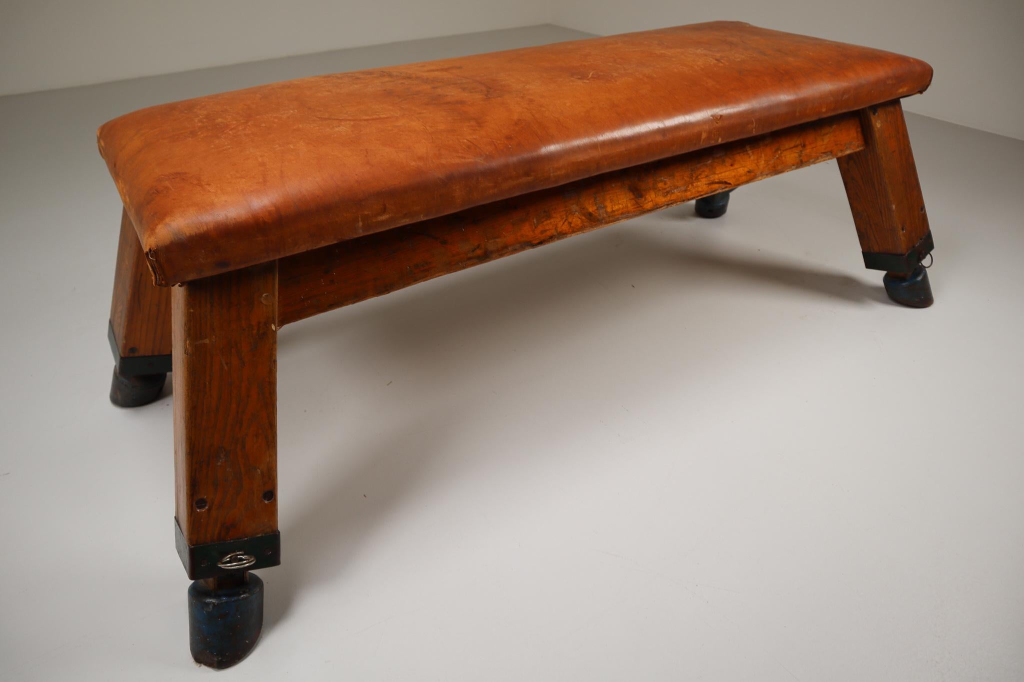 Mid-Century Modern Wooden Patinated Leather Gym Bench or Table, circa 1950s