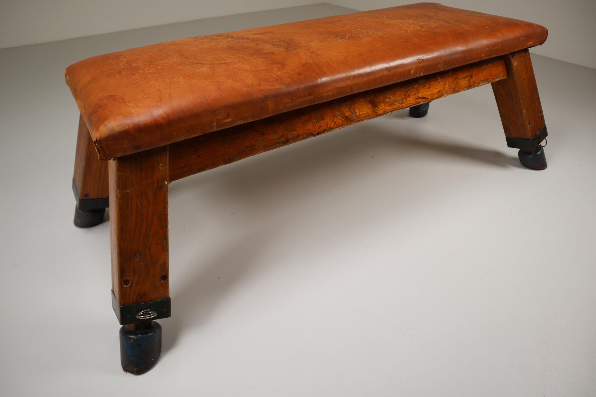 Dutch Wooden Patinated Leather Gym Bench or Table, circa 1950s