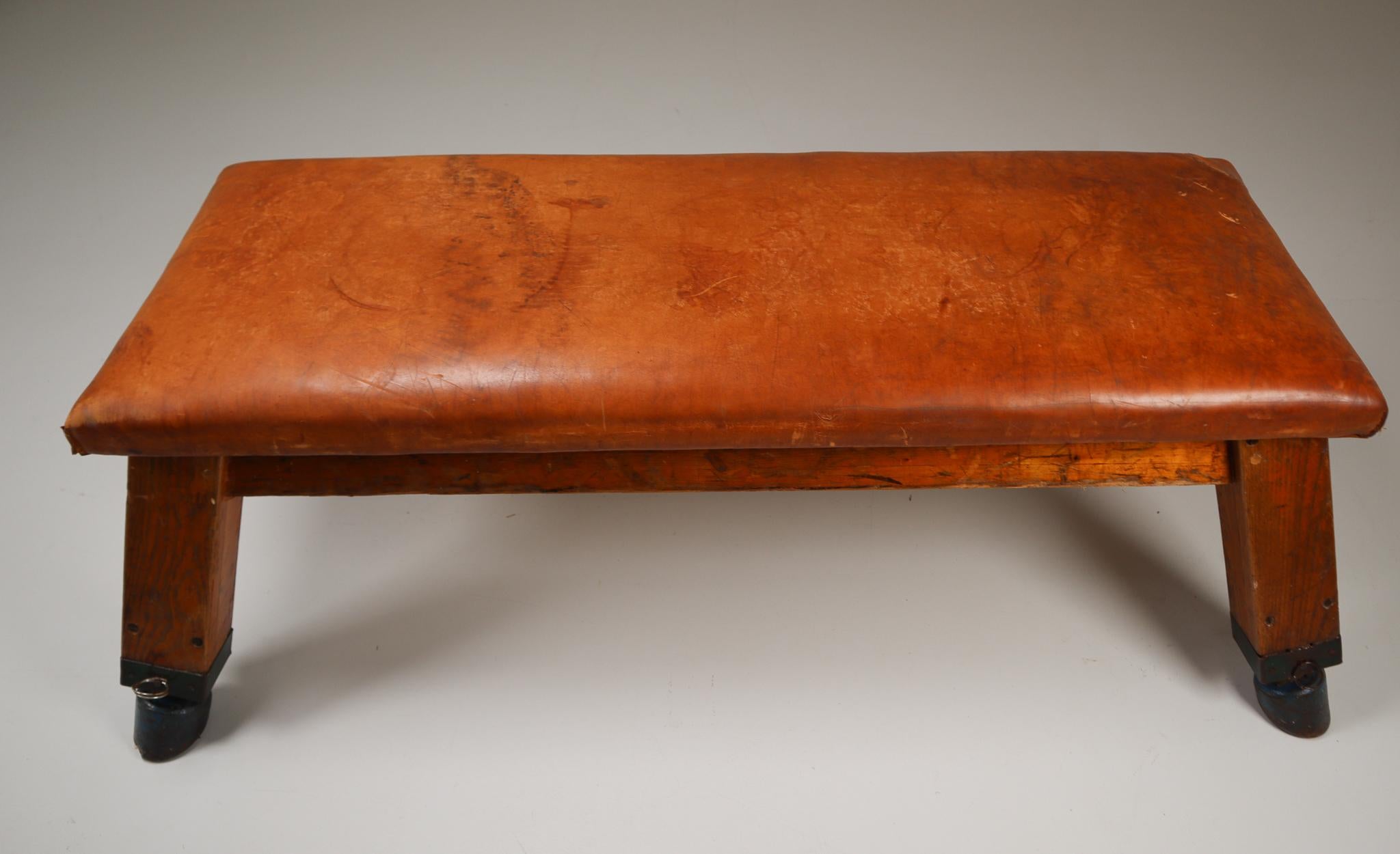 20th Century Wooden Patinated Leather Gym Bench or Table, circa 1950s