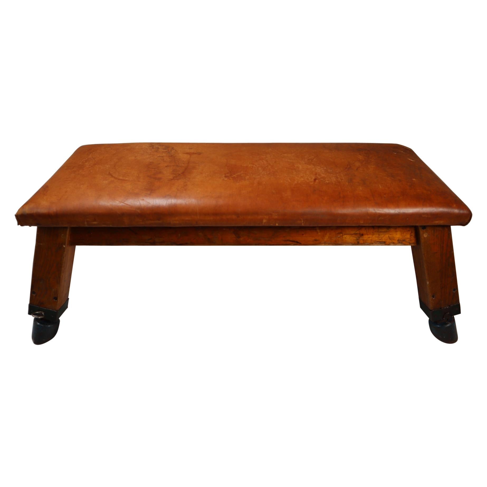 Wooden Patinated Leather Gym Bench or Table, circa 1950s