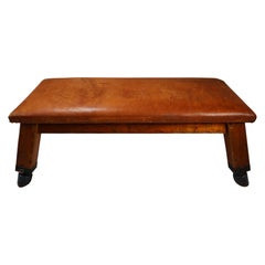 Wooden Patinated Leather Gym Bench or Table, circa 1950s