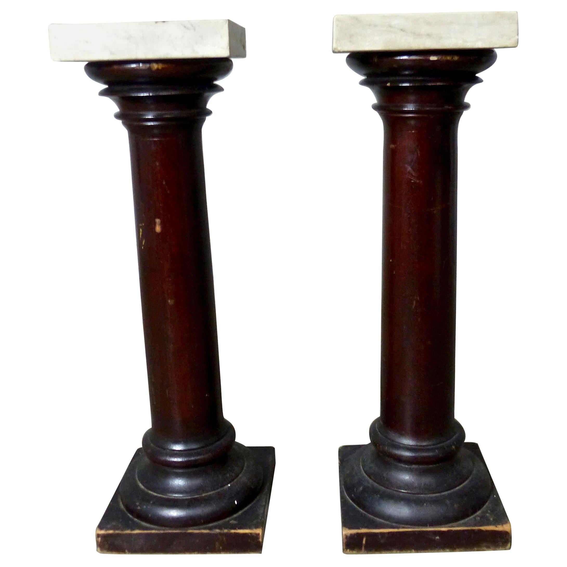 Wooden Pillars / Stands / Pedestals with Marble Tops, circa 1900