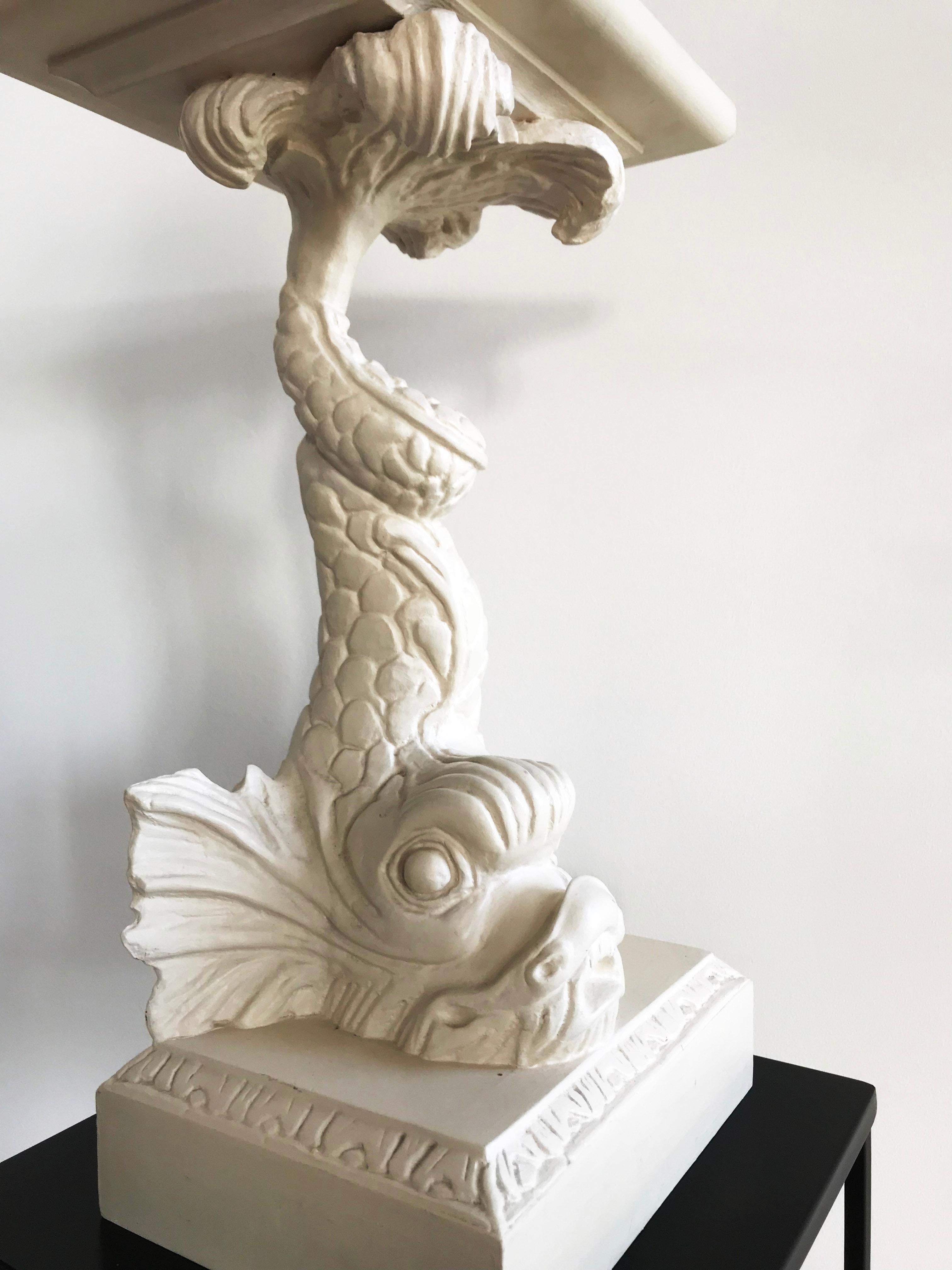 Hand-Carved Wooden Plant Stand Sculpture Midcentury Koi Fish White Side Table Dolphin Candle