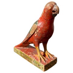 Antique Wooden Polychrome Folk Art Parrot Sculpture, Early 20th Century