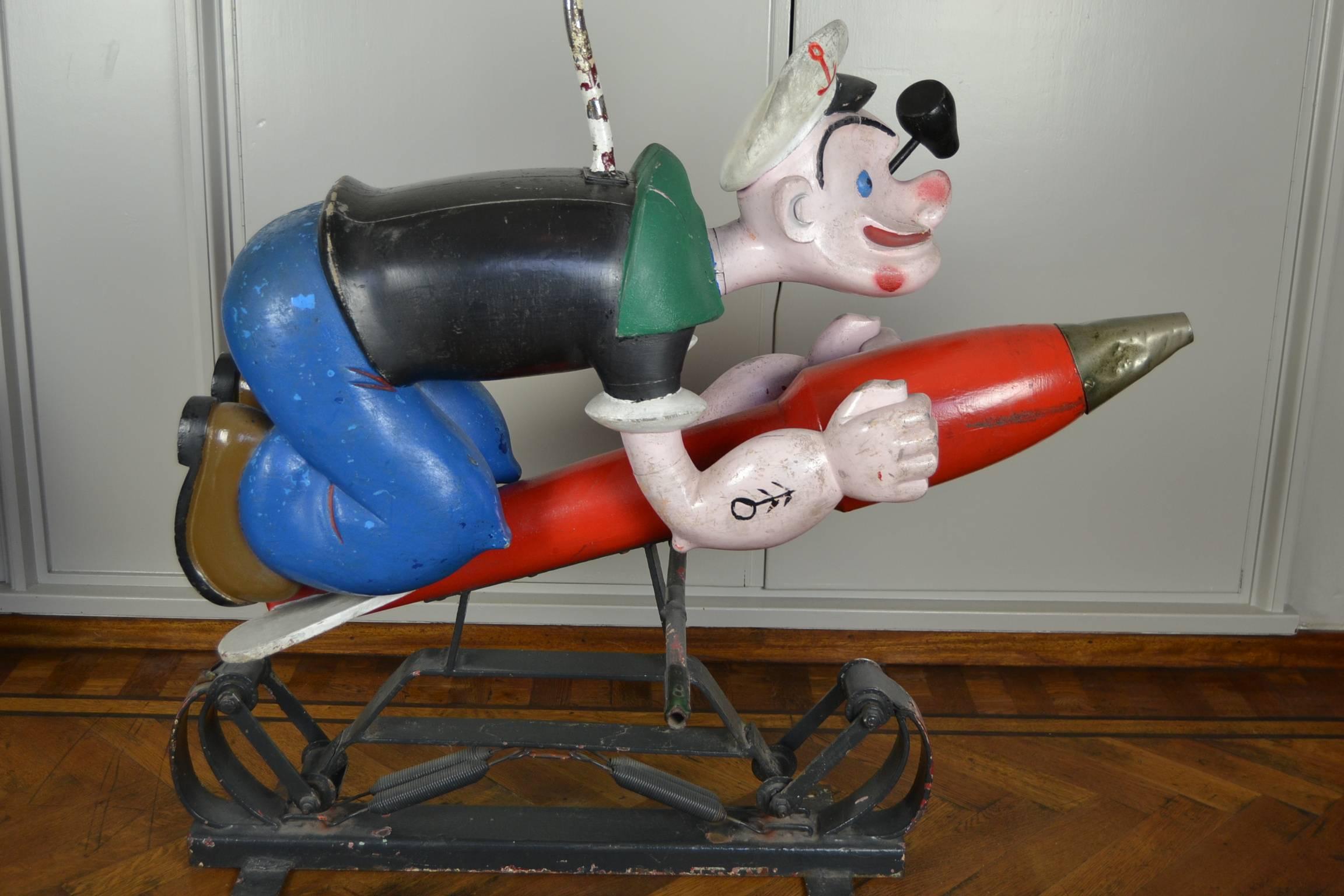 Folk Art Wooden Popey and Olive Oyl Carousel Sculptures by Bernard Kindt, Belgium , 1950s