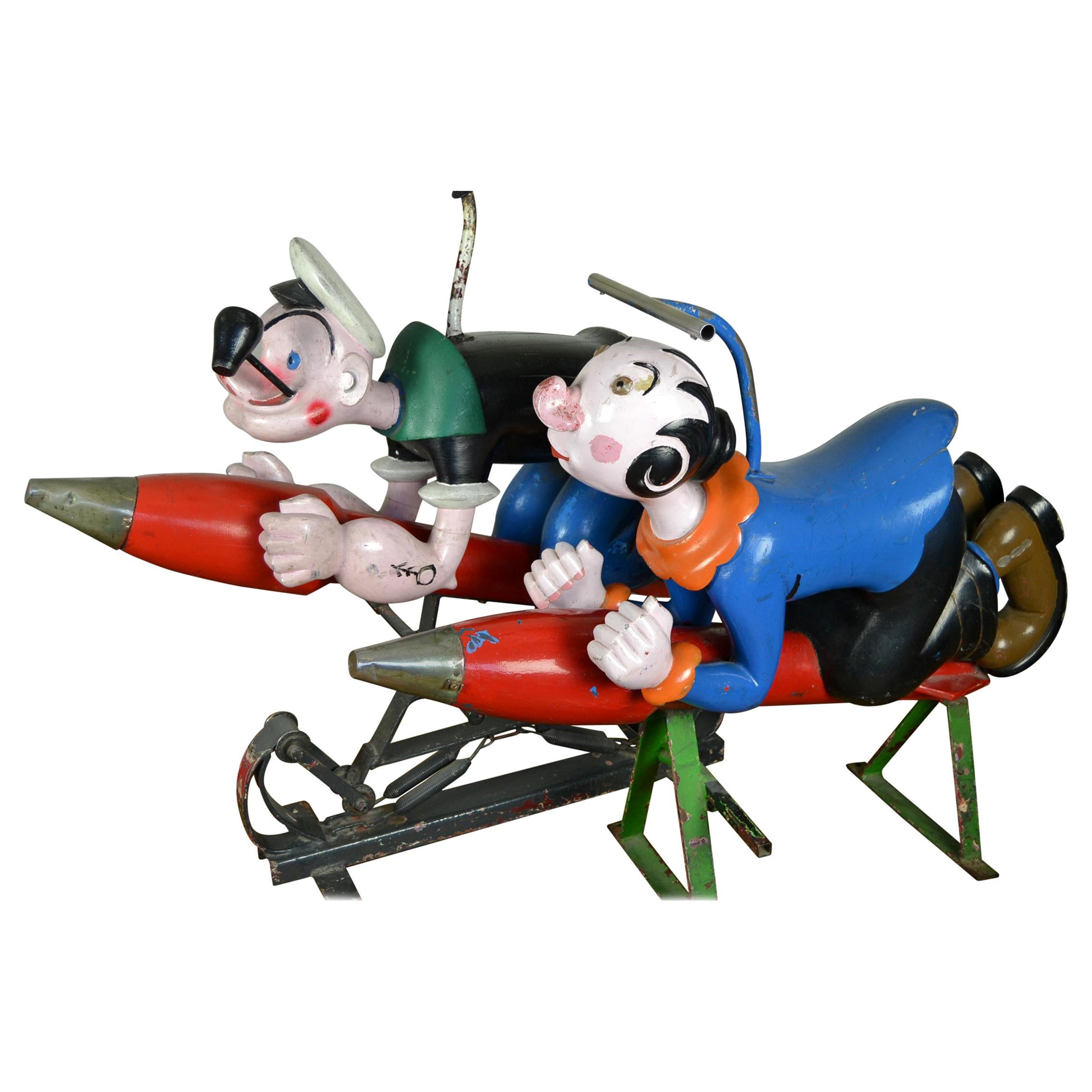 Wooden Popey and Olive Oyl Carousel Sculptures by Bernard Kindt, Belgium , 1950s