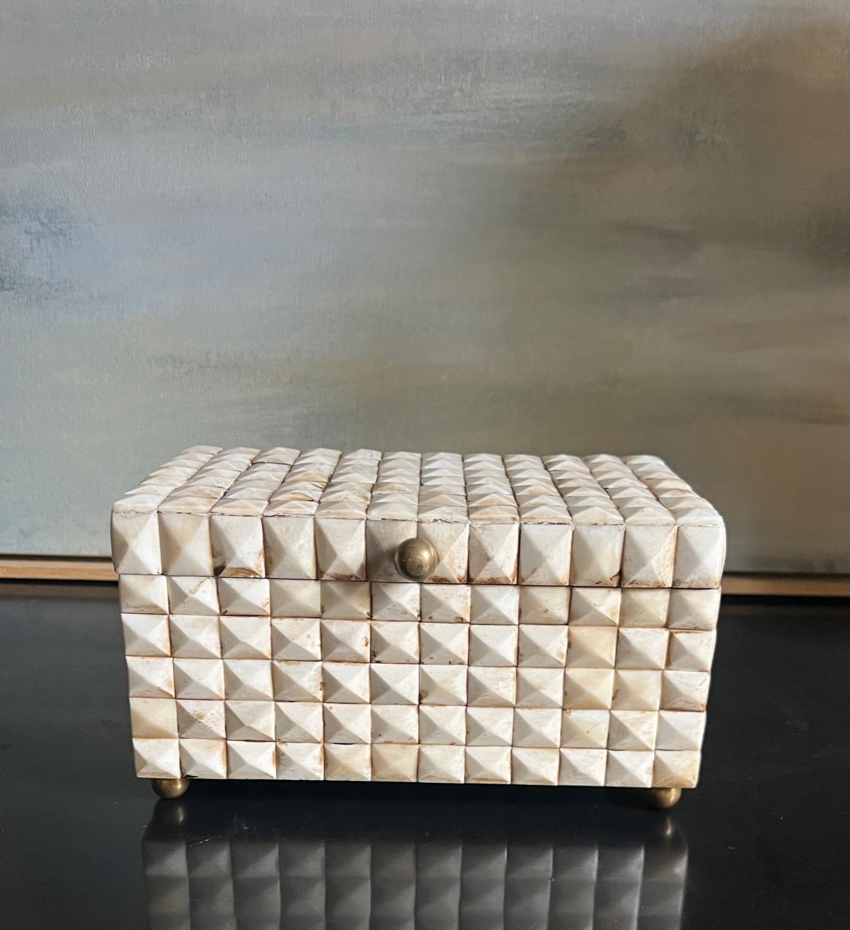 Wooden Rectangle Box Covered in Bone Facets with Brass Knobs & Feet 6