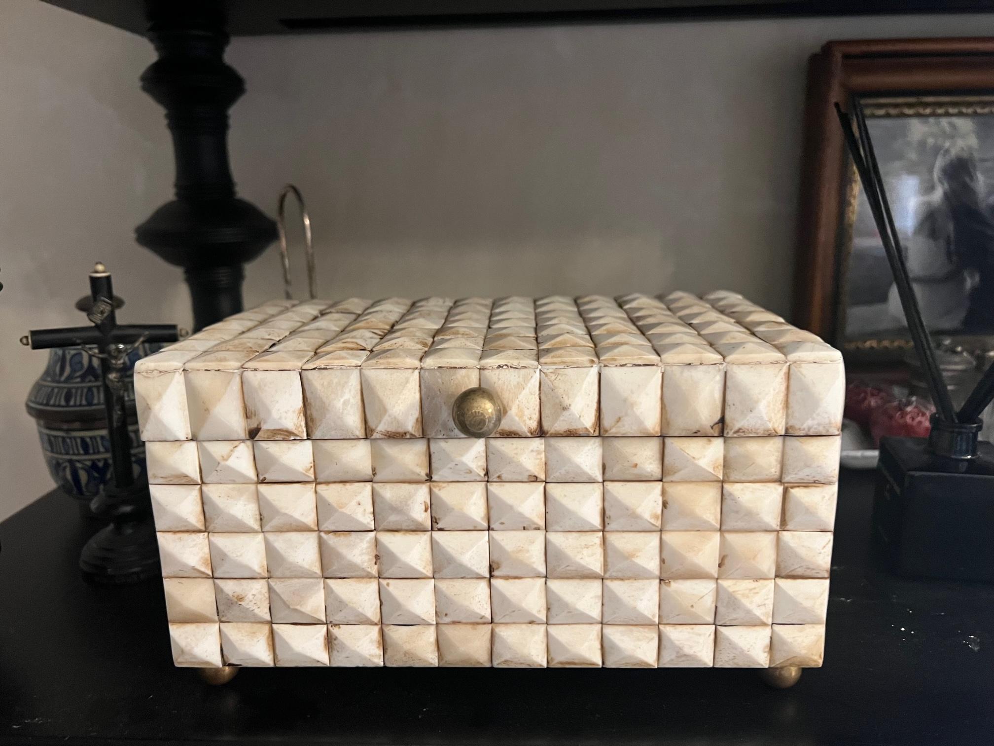 Wooden Rectangle Box Covered in Bone Facets with Brass Knobs & Feet 7