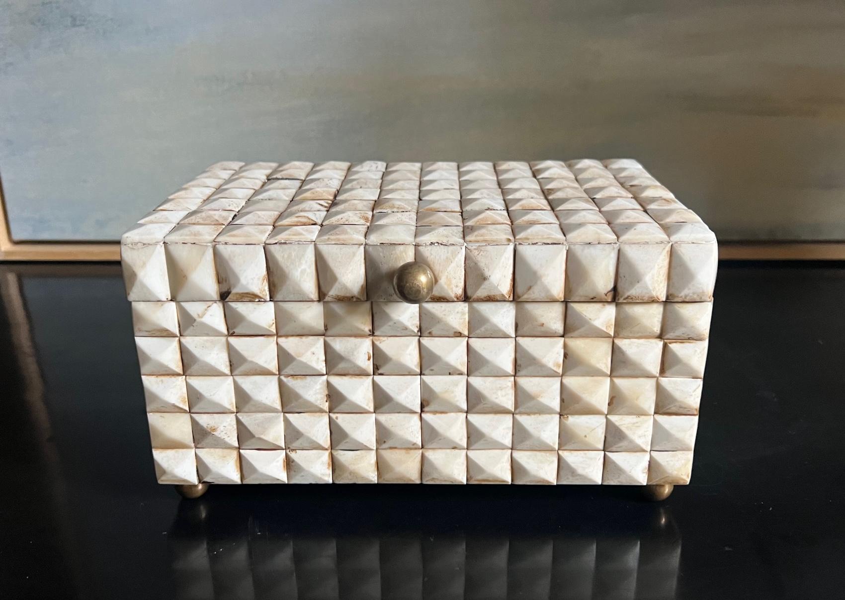 Rustic Wooden Rectangle Box Covered in Bone Facets with Brass Knobs & Feet