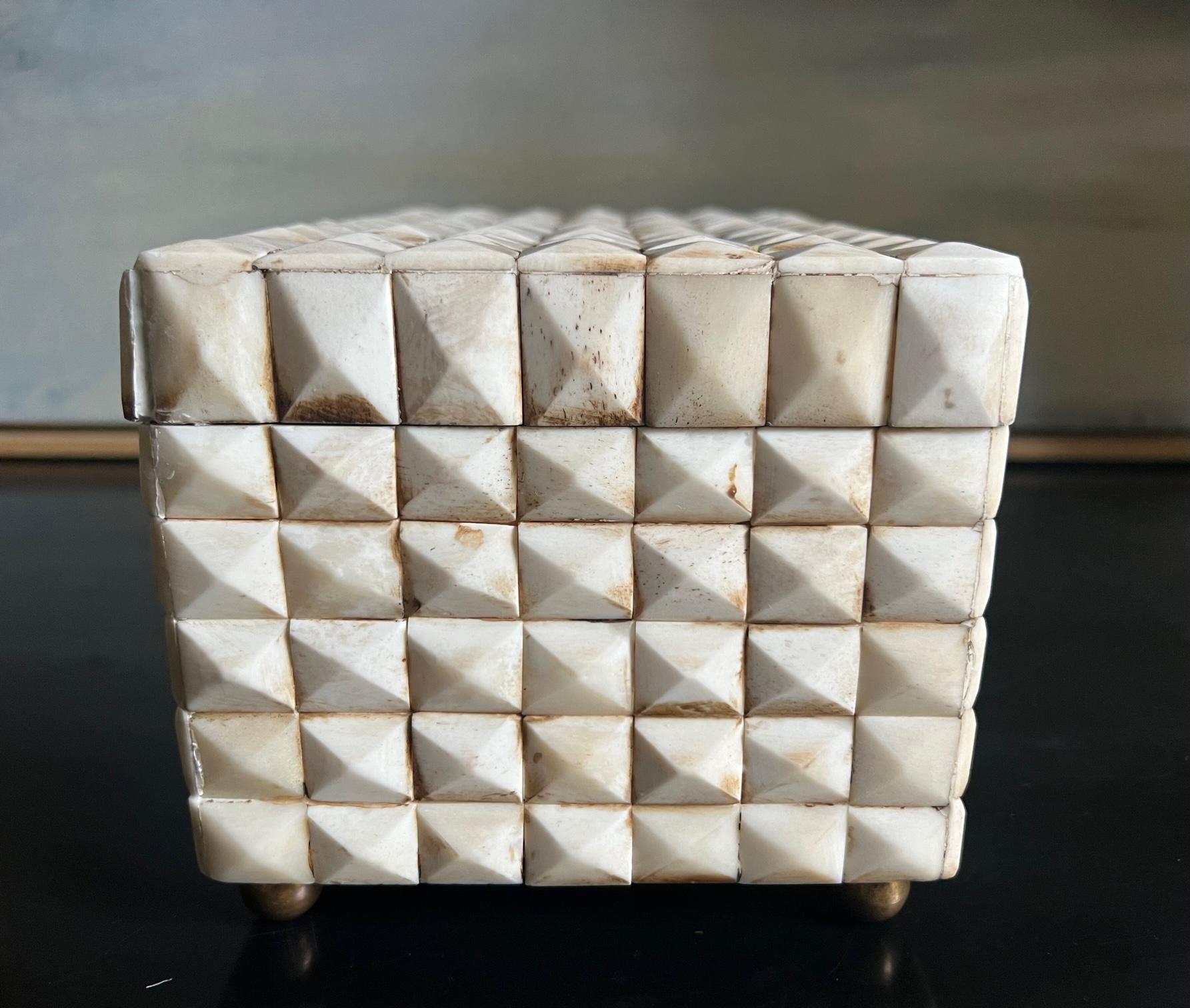 Wooden Rectangle Box Covered in Bone Facets with Brass Knobs & Feet 1