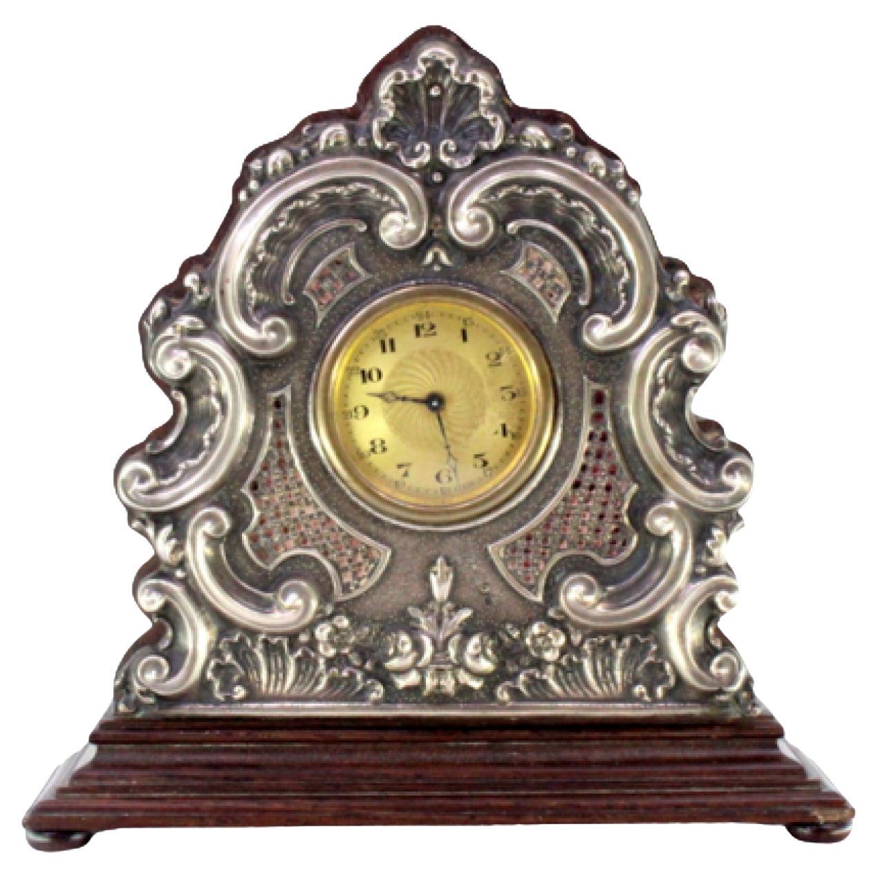 Wooden regulator clock with silver applications