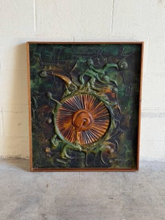 Wooden Relief Wall Sculpture with Framed Art Danish Mid-Century Modern 1970s