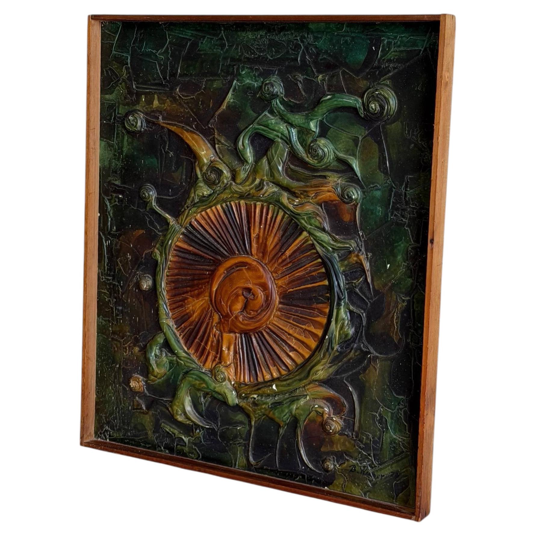 Wooden Relief Wall Sculpture with Framed Art Danish Mid-Century Modern 1970s For Sale