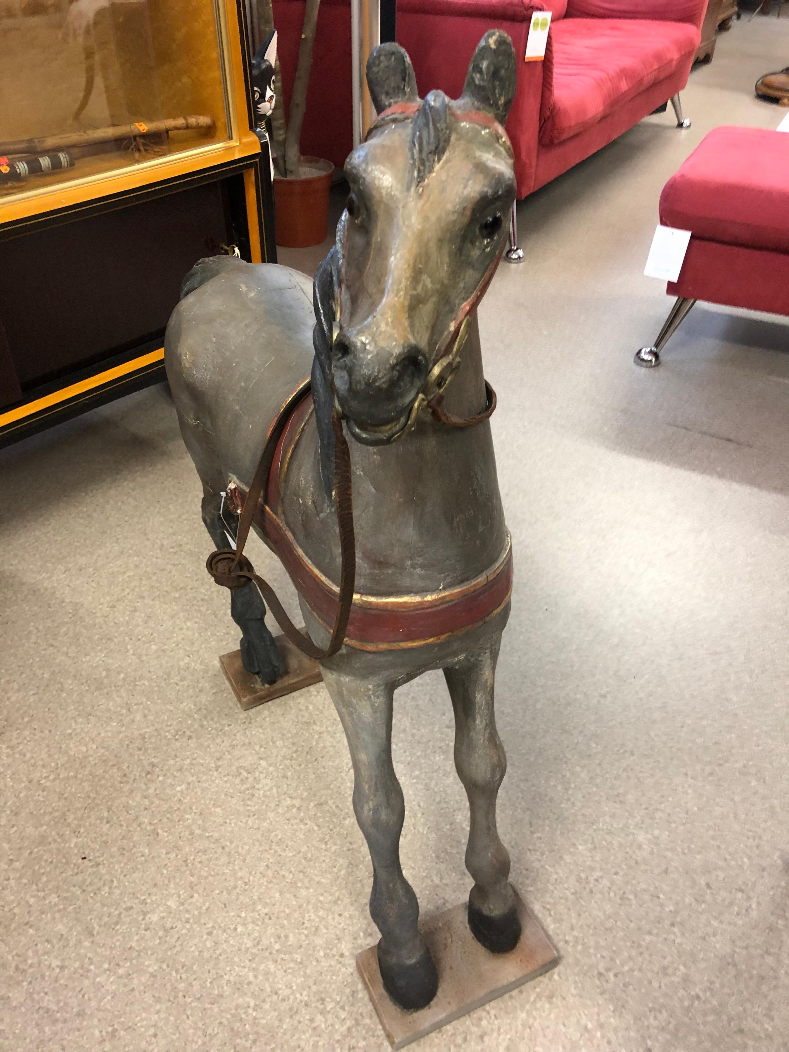 Late 19th Century Wooden Rocking Standing Grey Horse Leather Leash, 19th Century