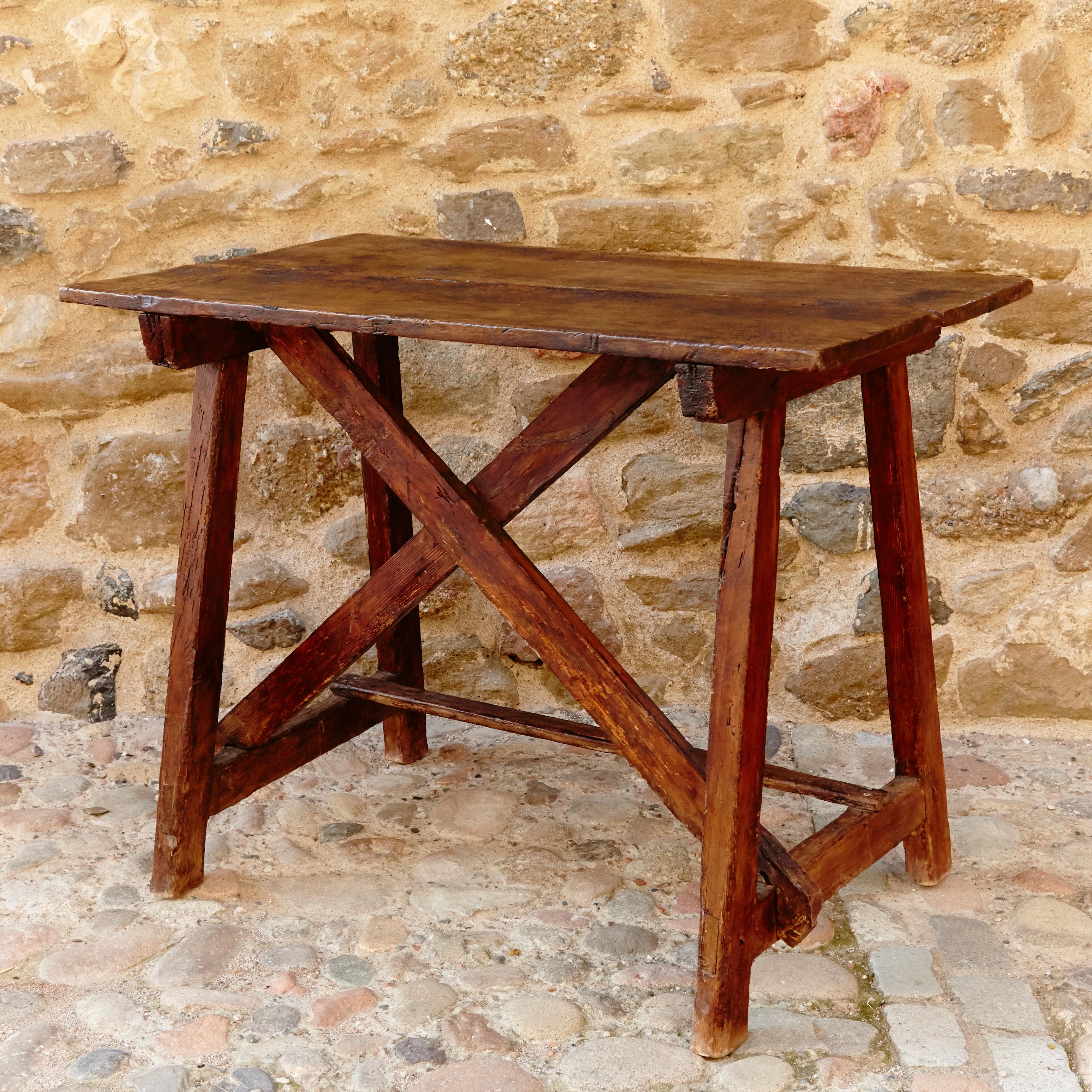 A rustic Catalan dining table, made of solid wood, circa 1930.

In good original condition with beautiful marks of age and use, preserving a beautiful patina.

 