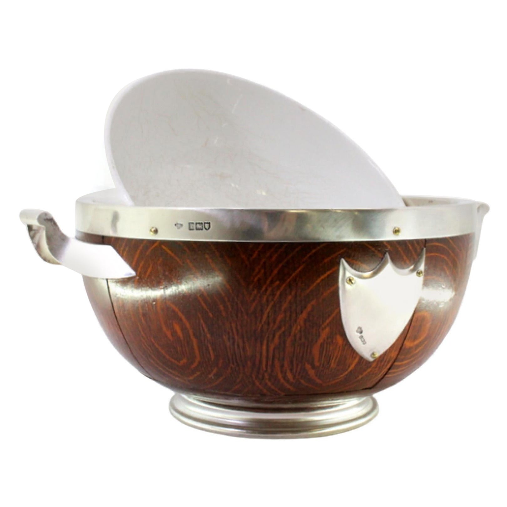 Wooden salad bowl with silver accents, porcelain core 
beaded base For Sale