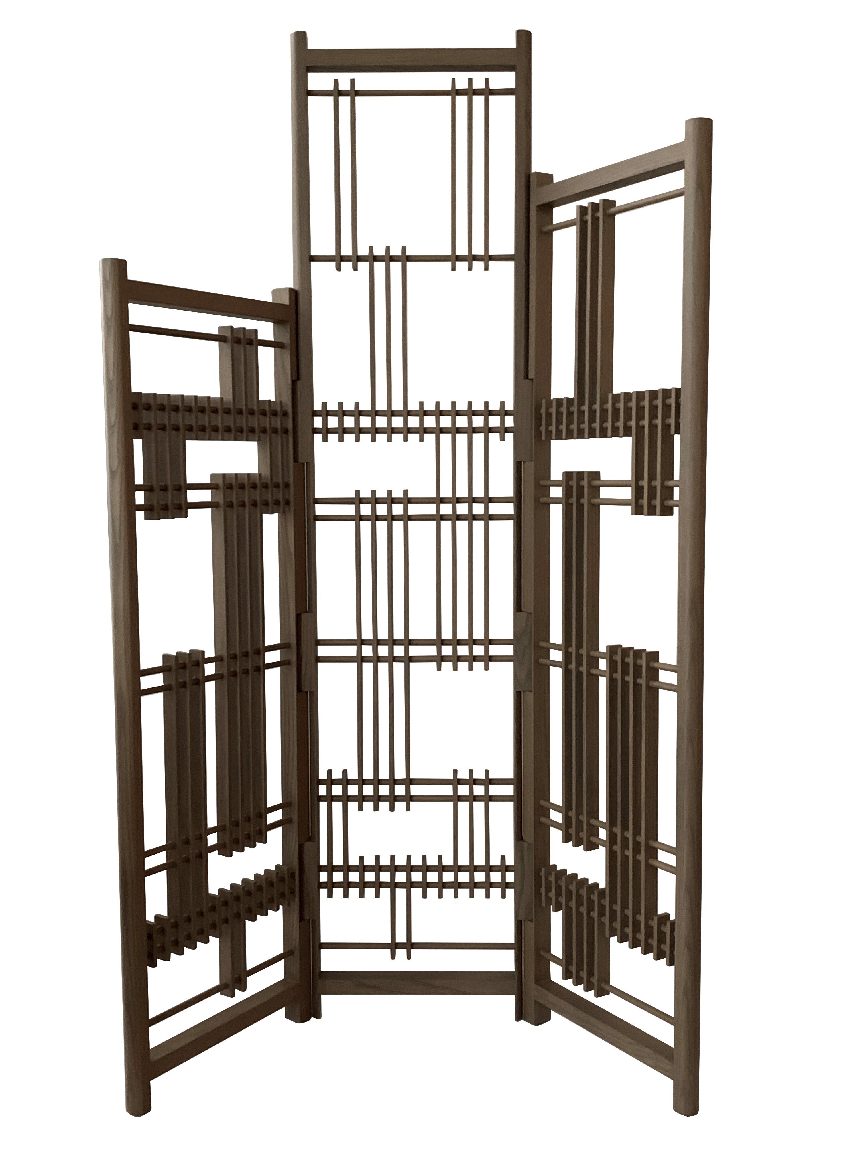Modern Wooden Screen 3 Panels Interlock André Fu Living Partition Dividers Bronze New For Sale