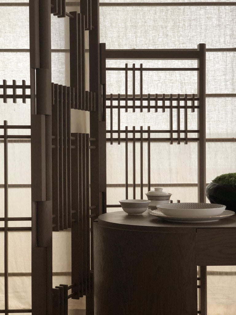 Modern Wooden Screen 4 Panels Interlock André Fu Living Partion Dividers Oak Bronze New For Sale