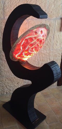 Wooden Sculptural Floor Lamp Ebonized Bamboo and Resin Shade