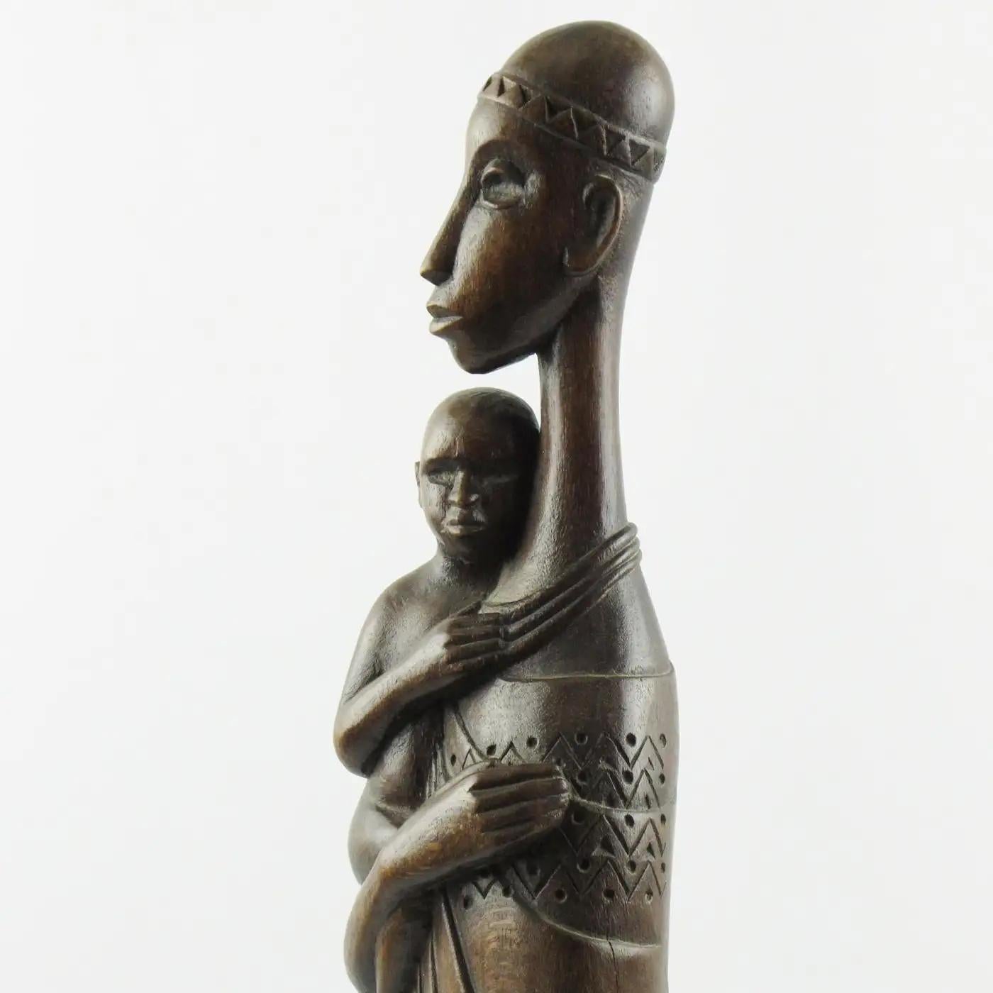 Velvet Wooden Sculpture African Madonna and Baby by Tutsi Rwanda Artist Ndatite Ilo For Sale