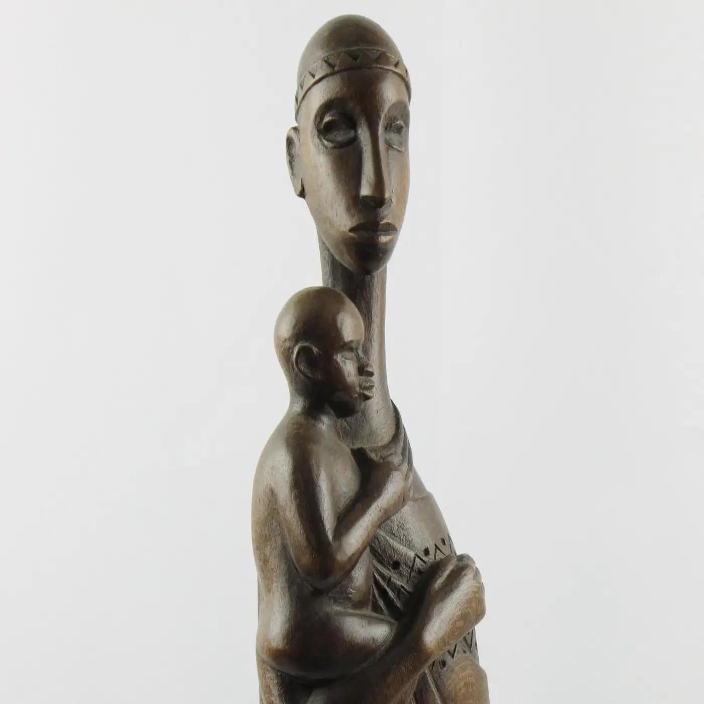 Velvet Wooden Sculpture African Madonna and Baby by Tutsi Rwanda Artist Ndatite Ilo For Sale
