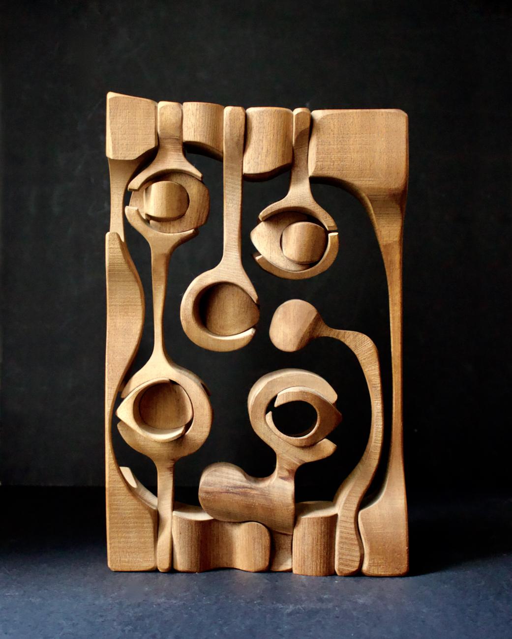 Wooden sculpture by London artist, Brian Willsher (1930-2010).

Beautiful piece from the early years of Willsher's extensive body of work. Solid wood, unvarnished; mid-tones - best shown in the close-up images - with natural fading. Signed on the