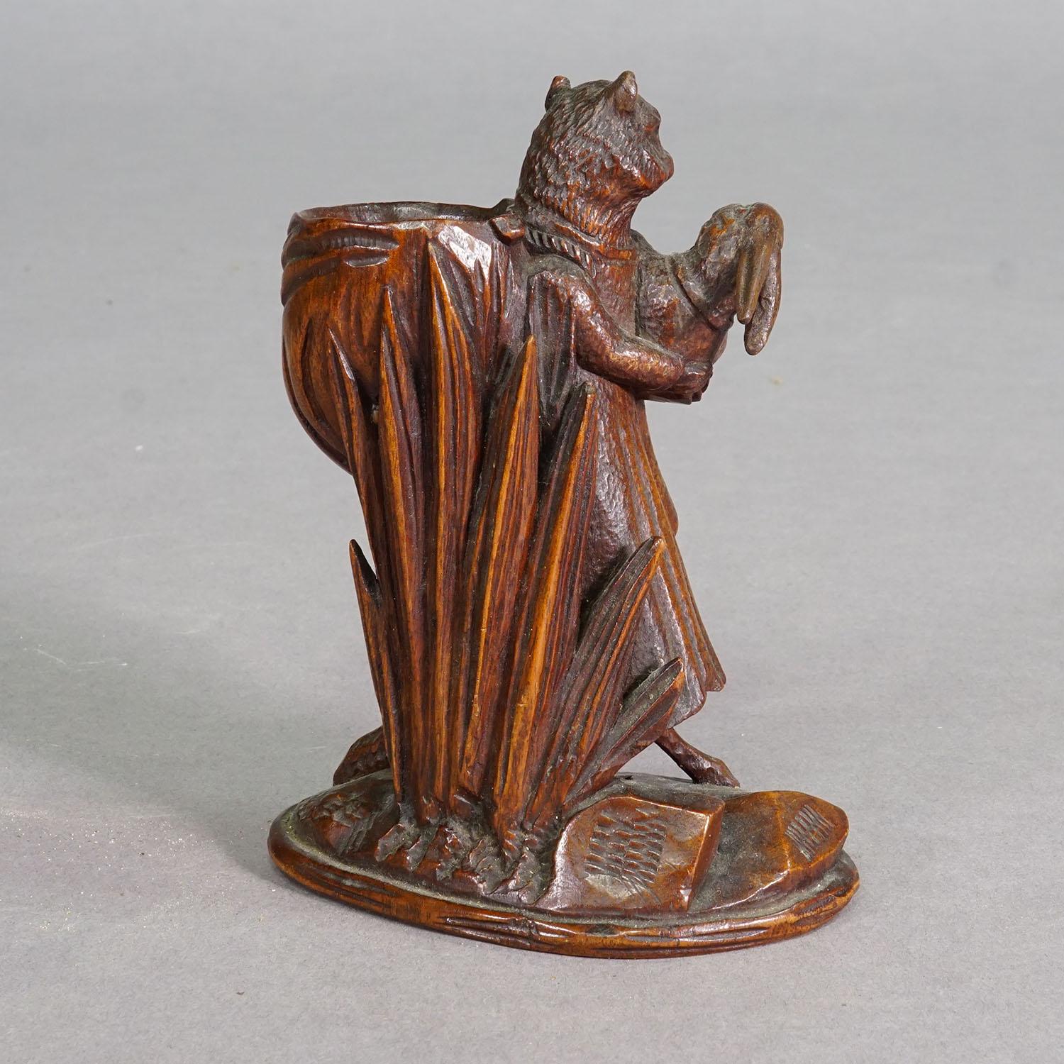 Black Forest Wooden Sculpture Cat with Rabbit Handcarved ca. 1900s For Sale
