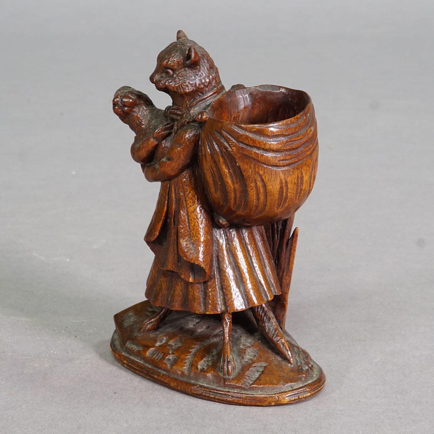 Swiss Wooden Sculpture Cat with Rabbit Handcarved ca. 1900s For Sale