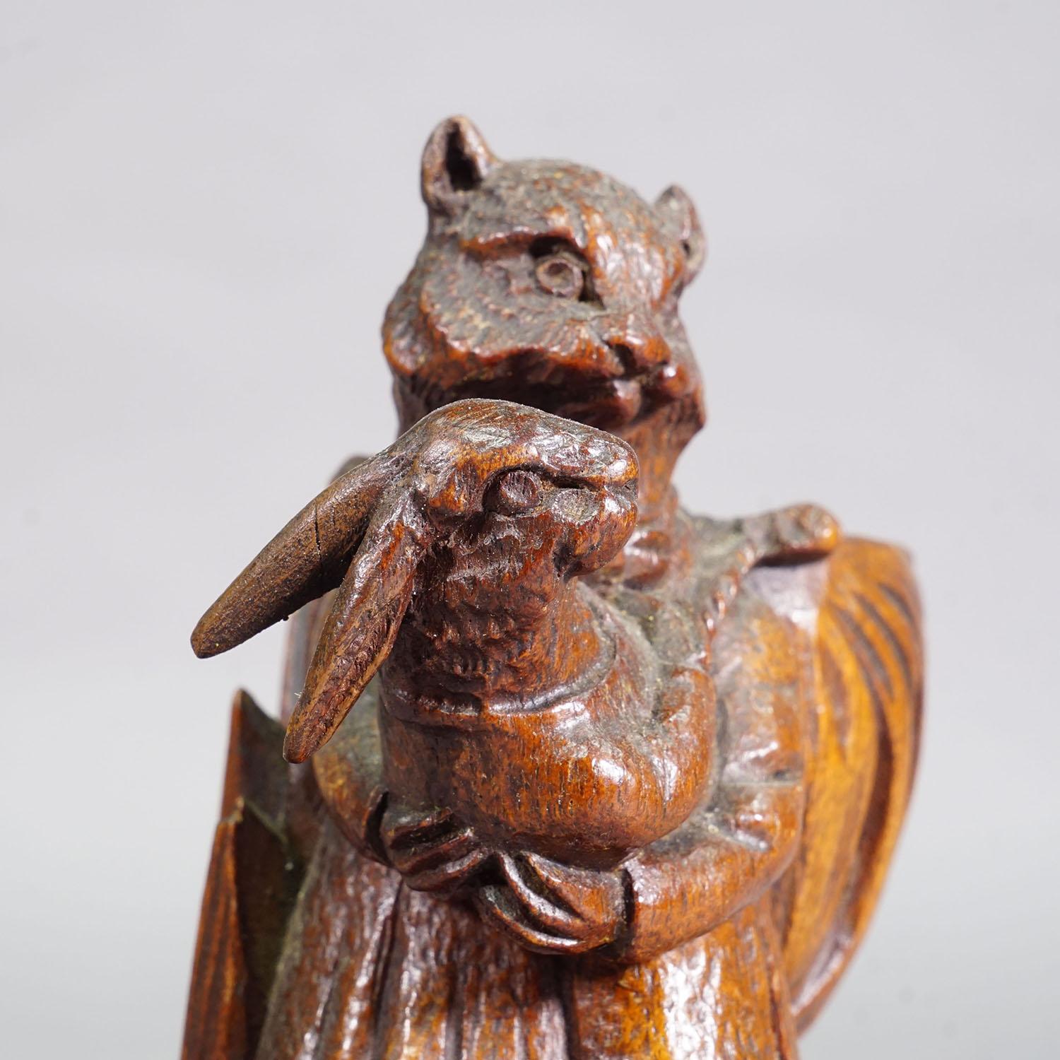 Early 20th Century Wooden Sculpture Cat with Rabbit Handcarved ca. 1900s For Sale