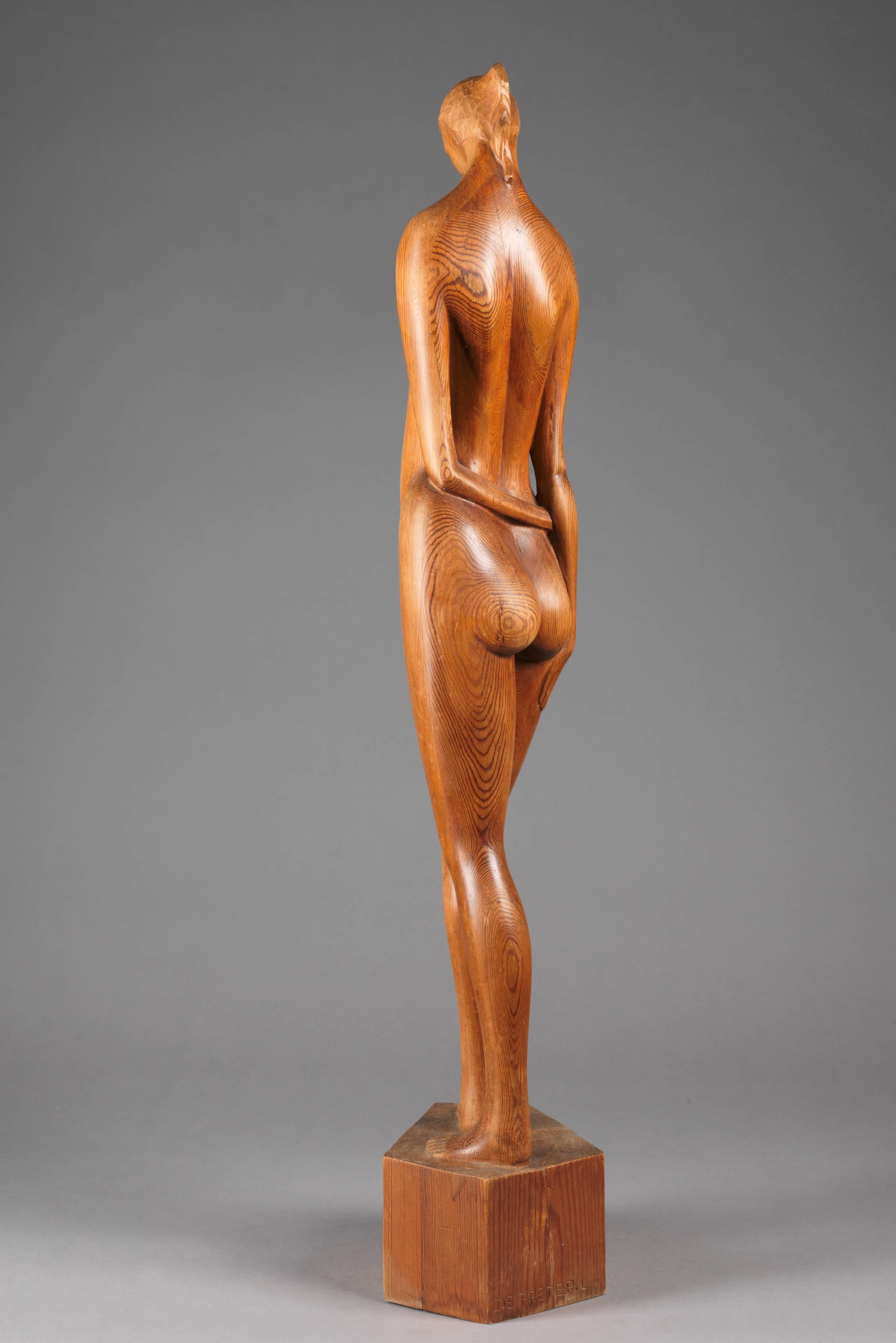 Wooden Sculpture Naked Woman by Belgian Sculptor Adolphe A.H. Daenen In Good Condition In Leuven , BE