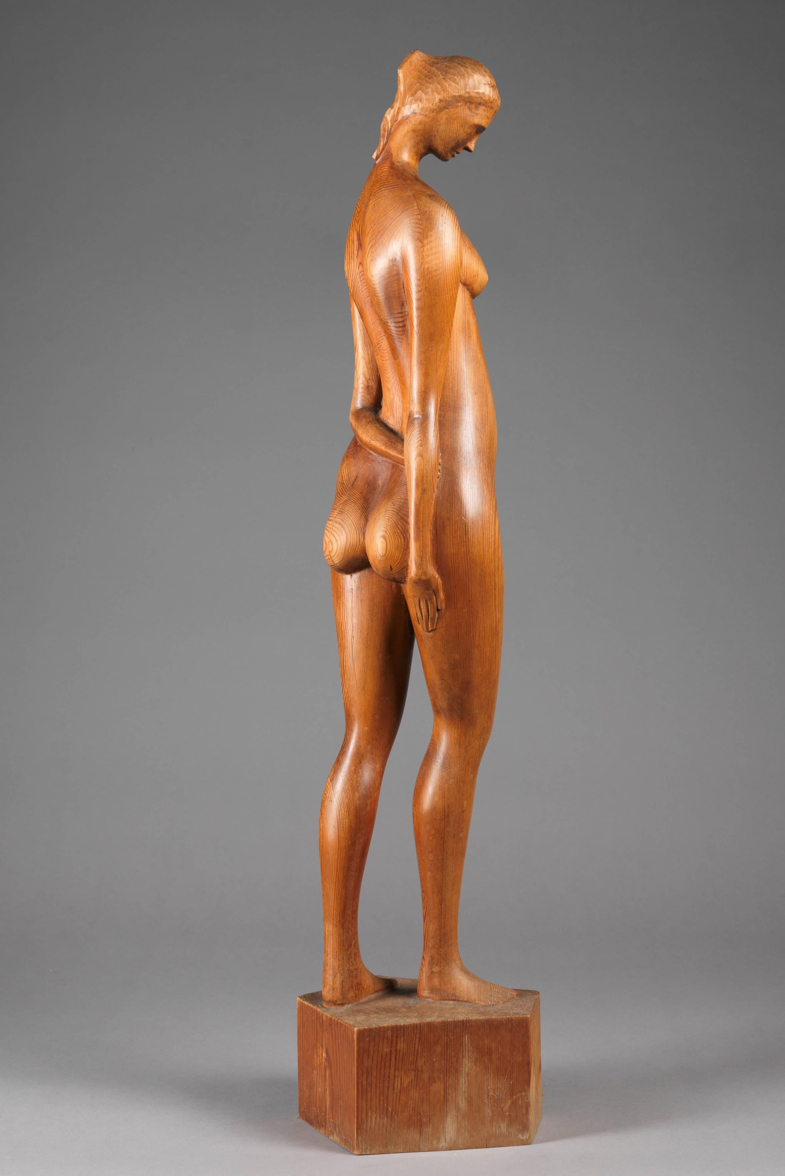 20th Century Wooden Sculpture Naked Woman by Belgian Sculptor Adolphe A.H. Daenen