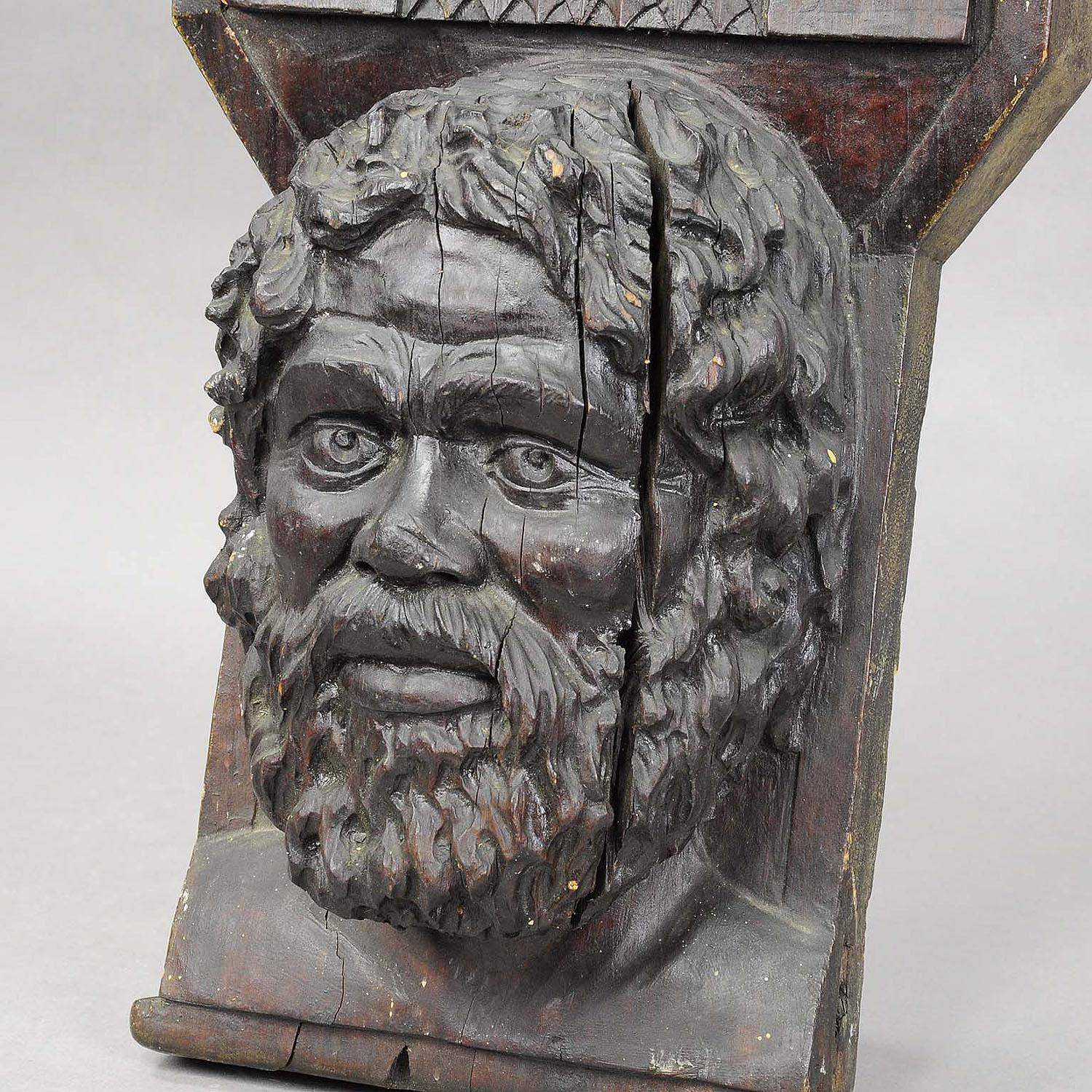 German Wooden Sculpture of Masculine Face For Sale