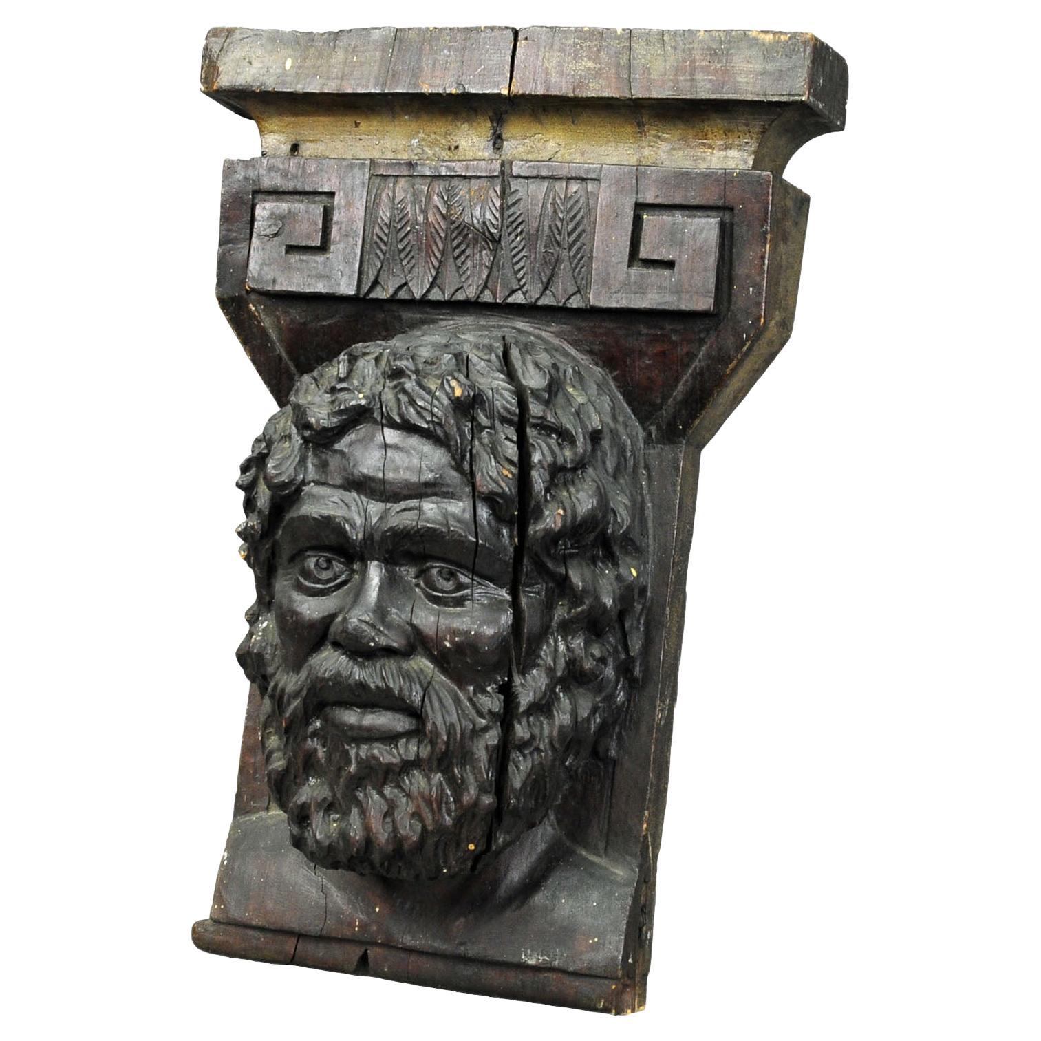 Wooden Sculpture of Masculine Face For Sale