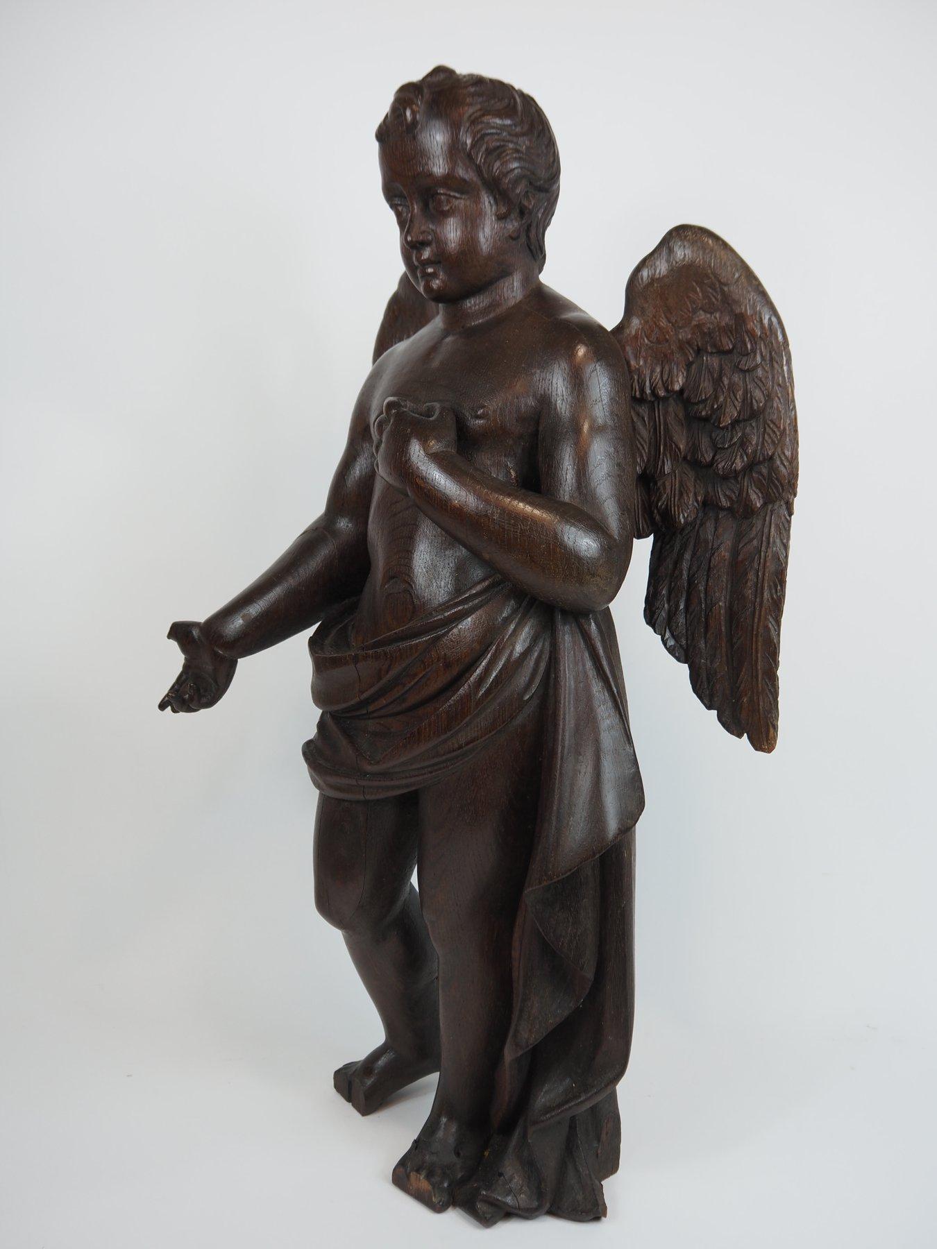 Holzskulptur eines Putto in einer Mischung aus barockem und klassischem Stil, frühes 19. Jahrhundert.

Abmessungen: 61 (H) x 34 (B) x 15 (T) cm.

Schwere Eichenstatue. Wahrscheinlich Teil eines Altars oder einer Kanzel.

Flämisch oder