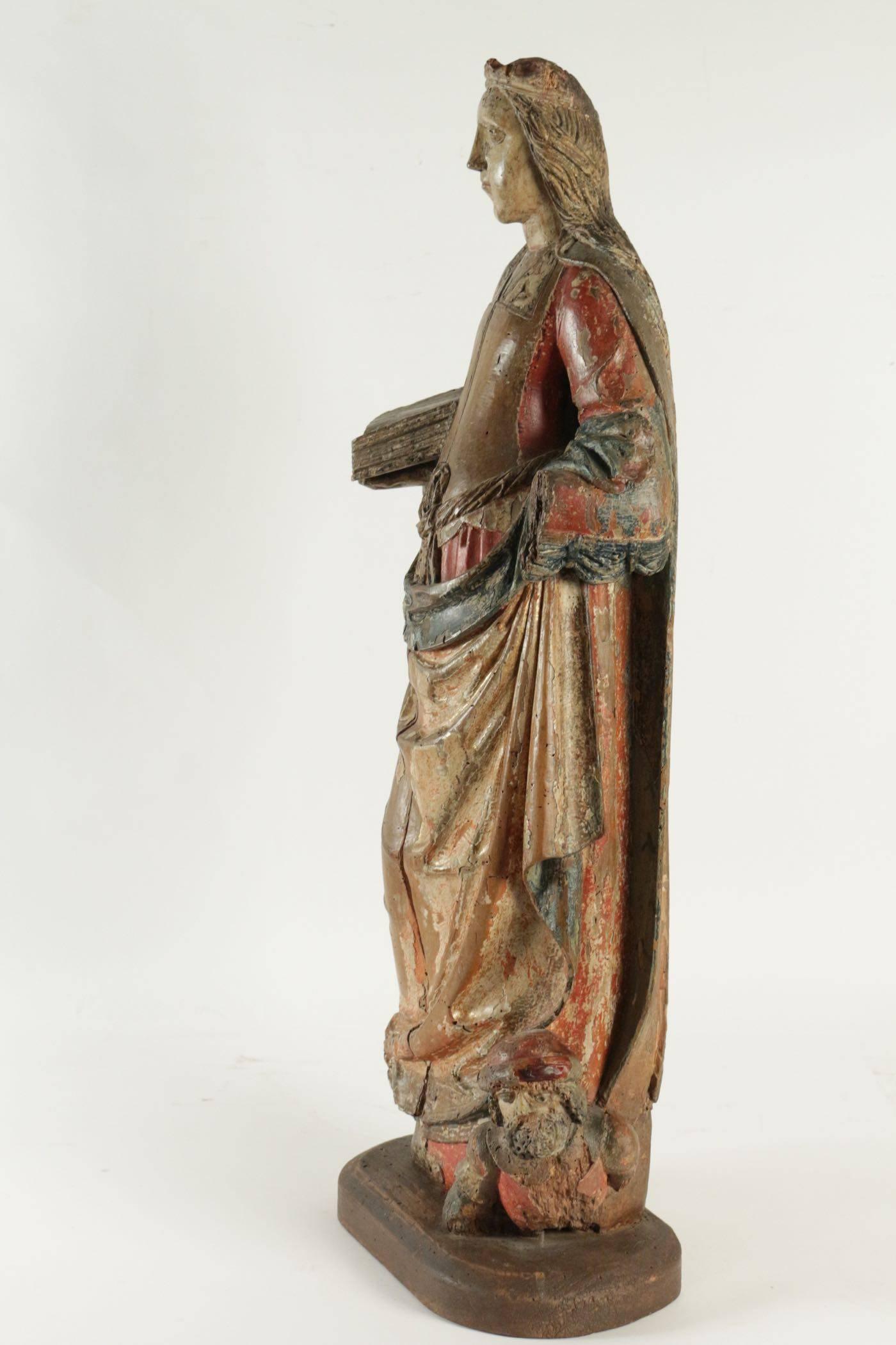 Polychromed Wooden Sculpture of Saint Catherine in Walnut