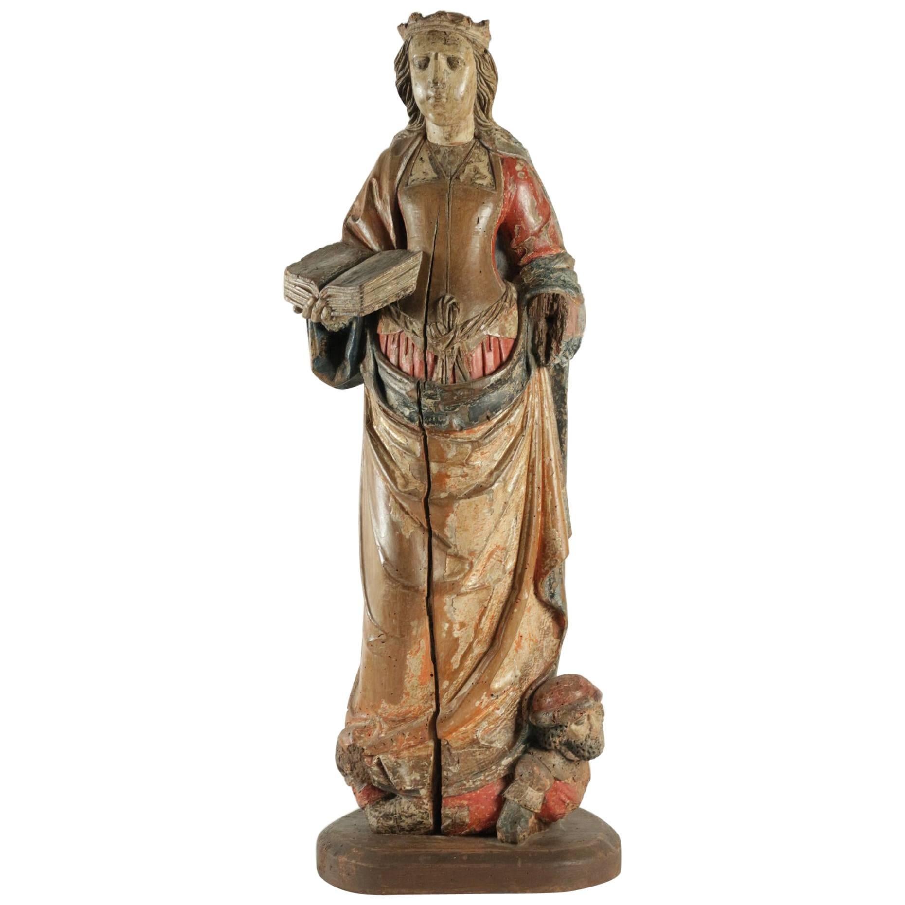 Wooden Sculpture of Saint Catherine in Walnut