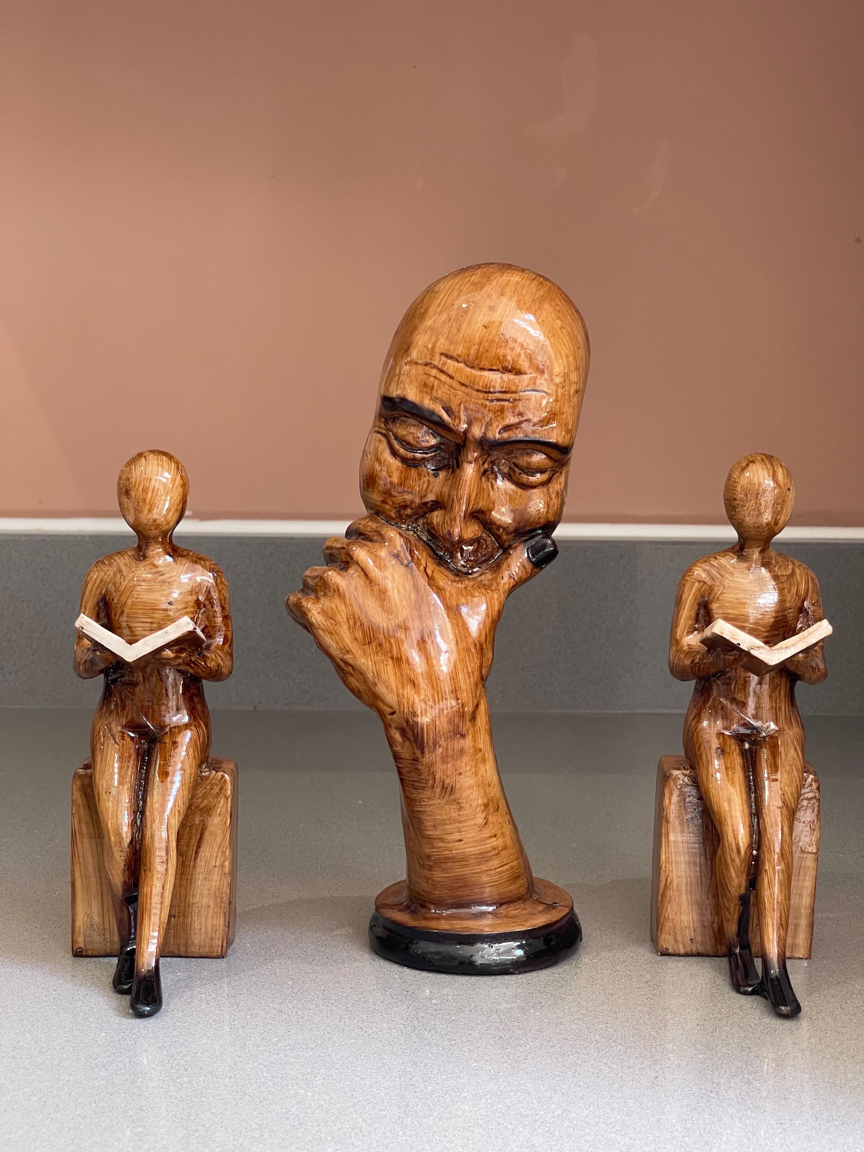 Art Déco Sculture in legno Porta libri Set di 3 Figurina decorativa pensante di Porta libri in vendita