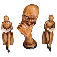 Wooden Sculptures Book End Set Of 3 Thinking Decorative Figurine of Book Holders