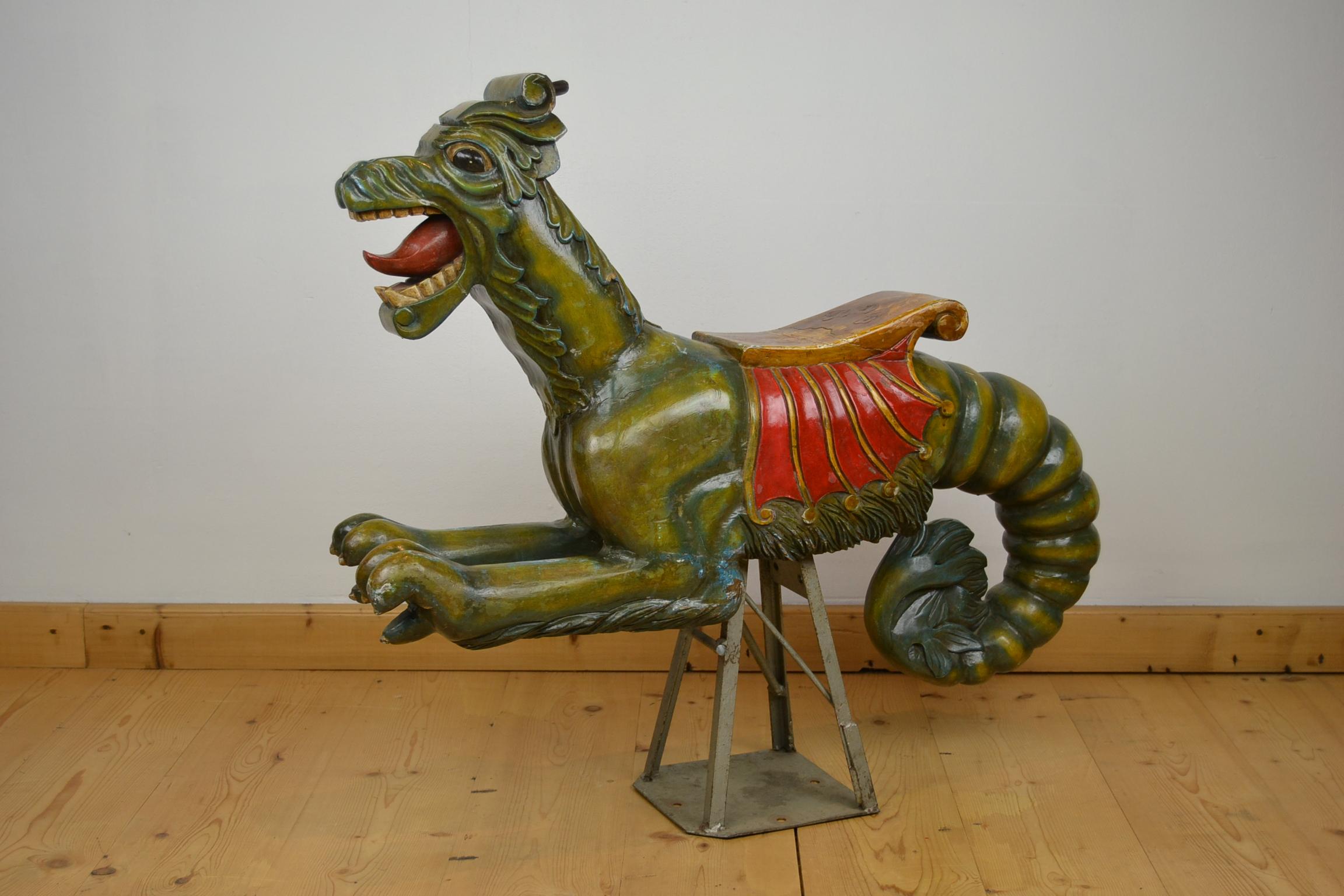 Mid-Century Modern Wooden Sea Dragon Carousel Ride On Sculpture, Europe, 1950s