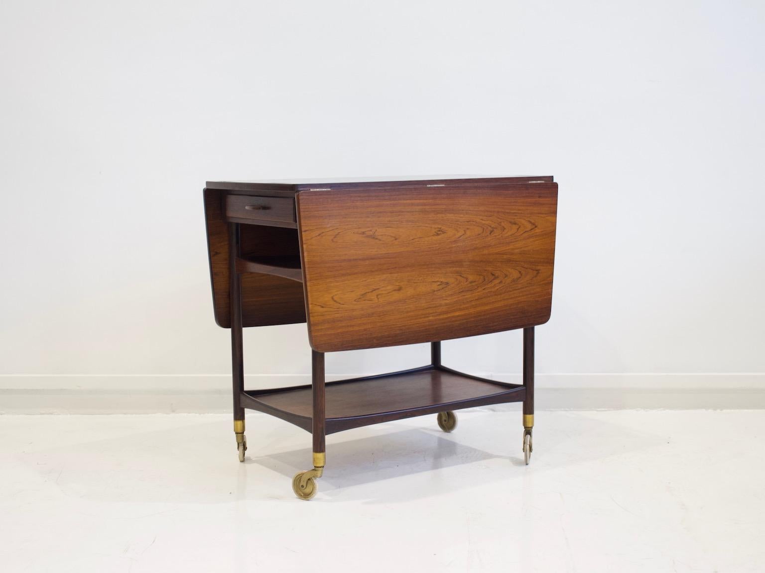 Mid-Century Modern Wooden Serving Cart with Black Formica Top For Sale