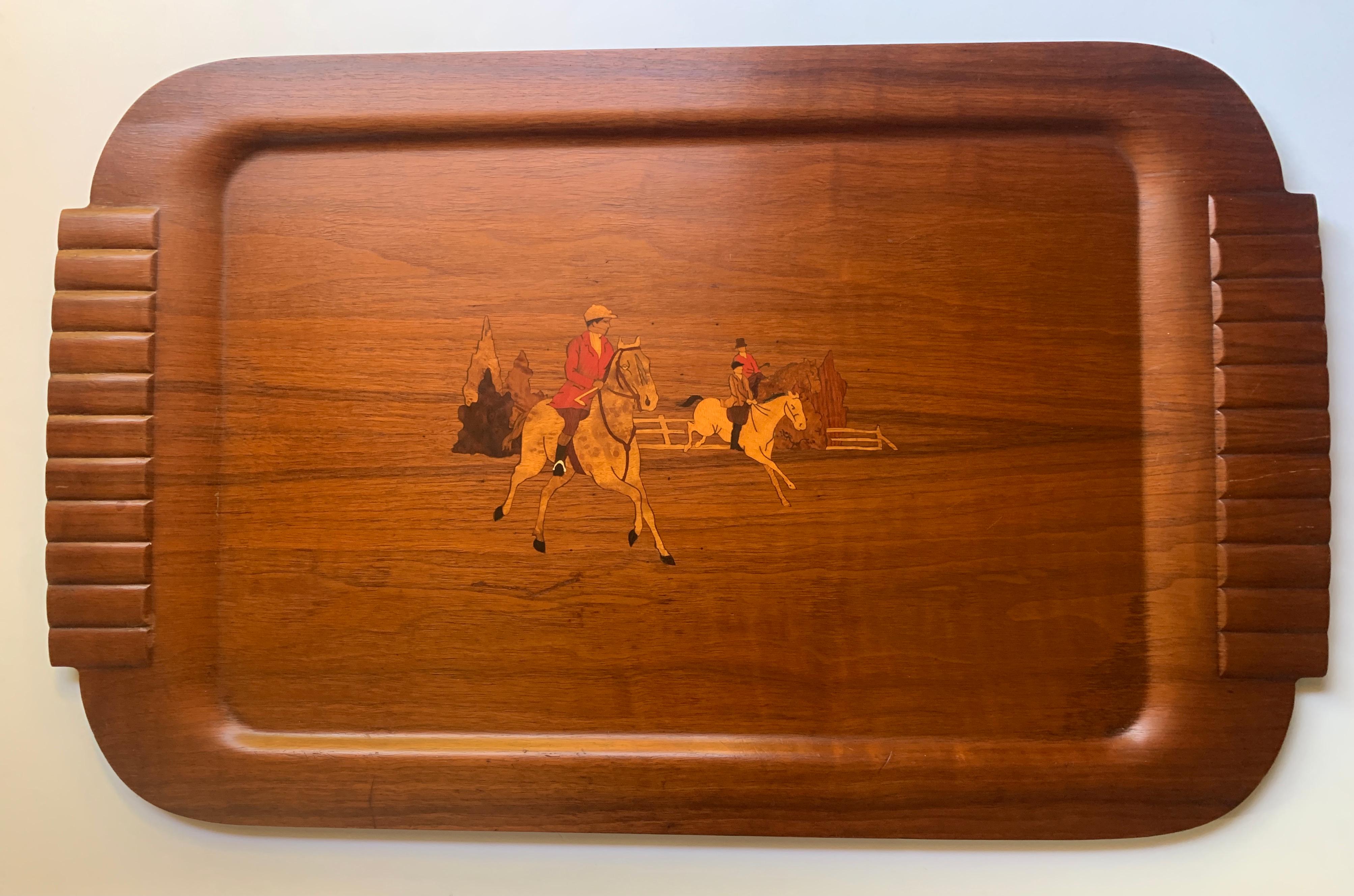 Wooden Serving Tray with Horses in the Style of Ralph Lauren, Circa 1940 1