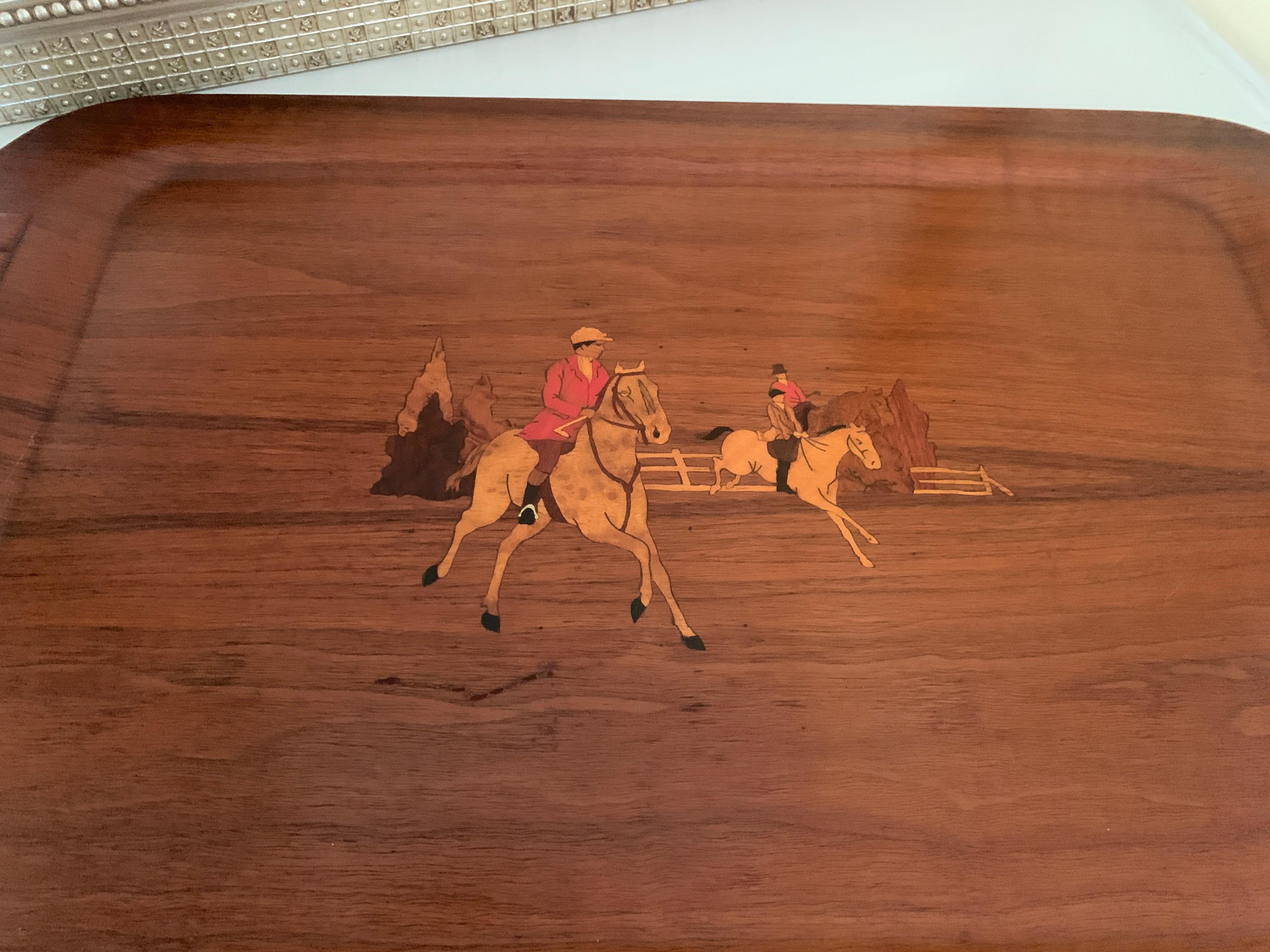 Wooden Serving Tray with Horses in the Style of Ralph Lauren, Circa 1940 2