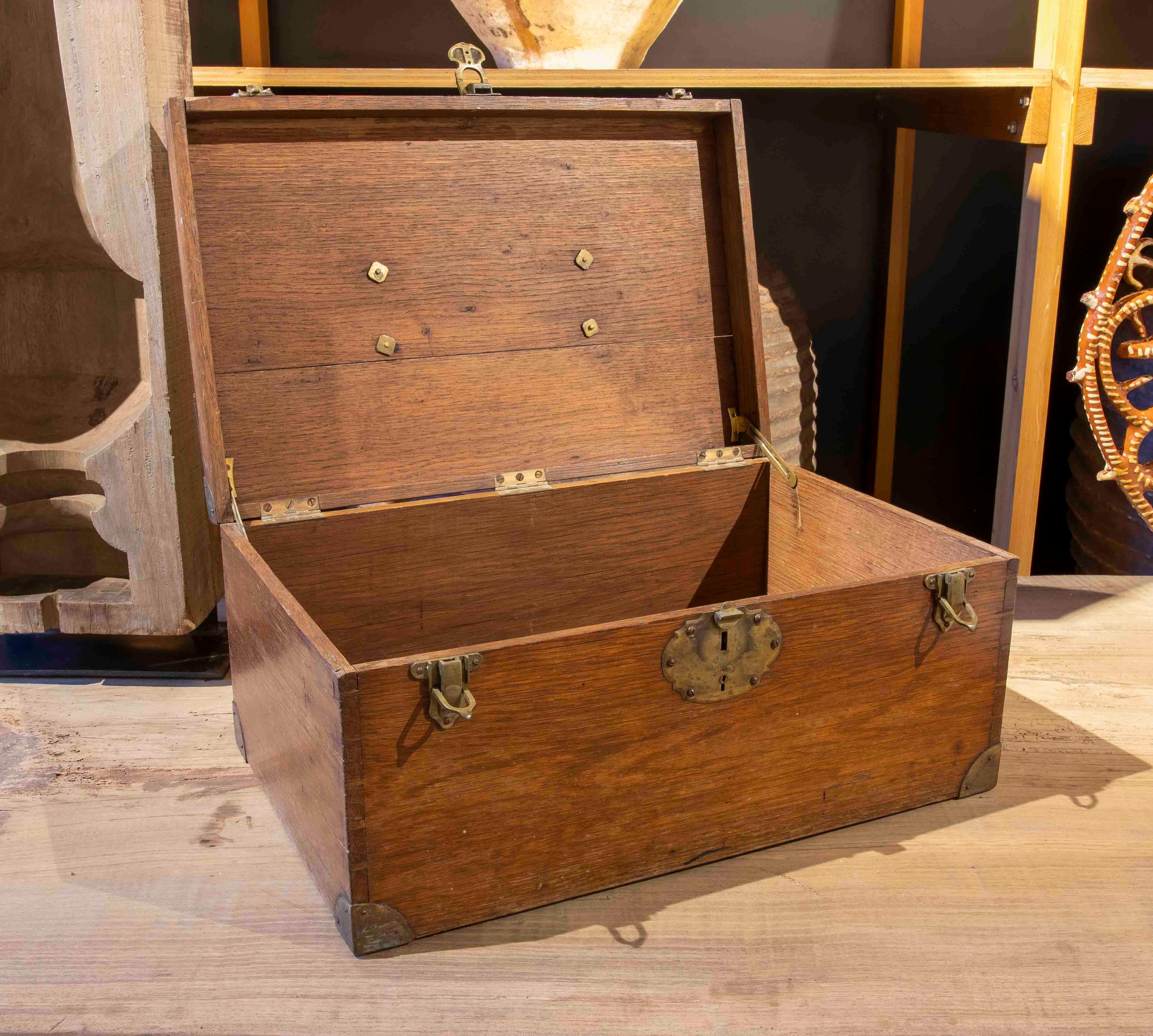 Spanish Wooden Ship's Case with Brass Locks and Corners and Leather Handle For Sale