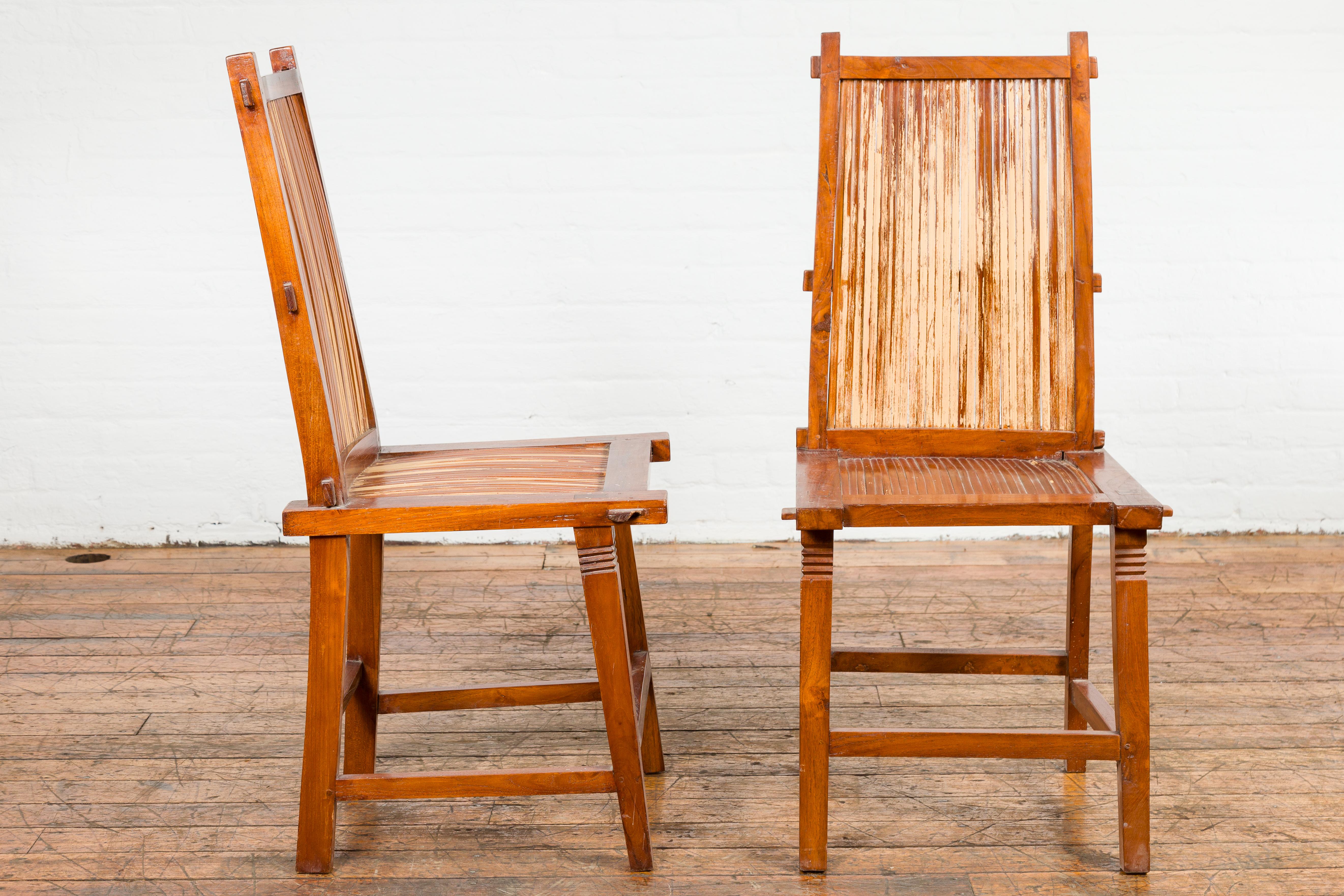 Wooden Side Chairs with Bamboo Slats, Distressed Finish and Tapered Legs, a Pair For Sale 3