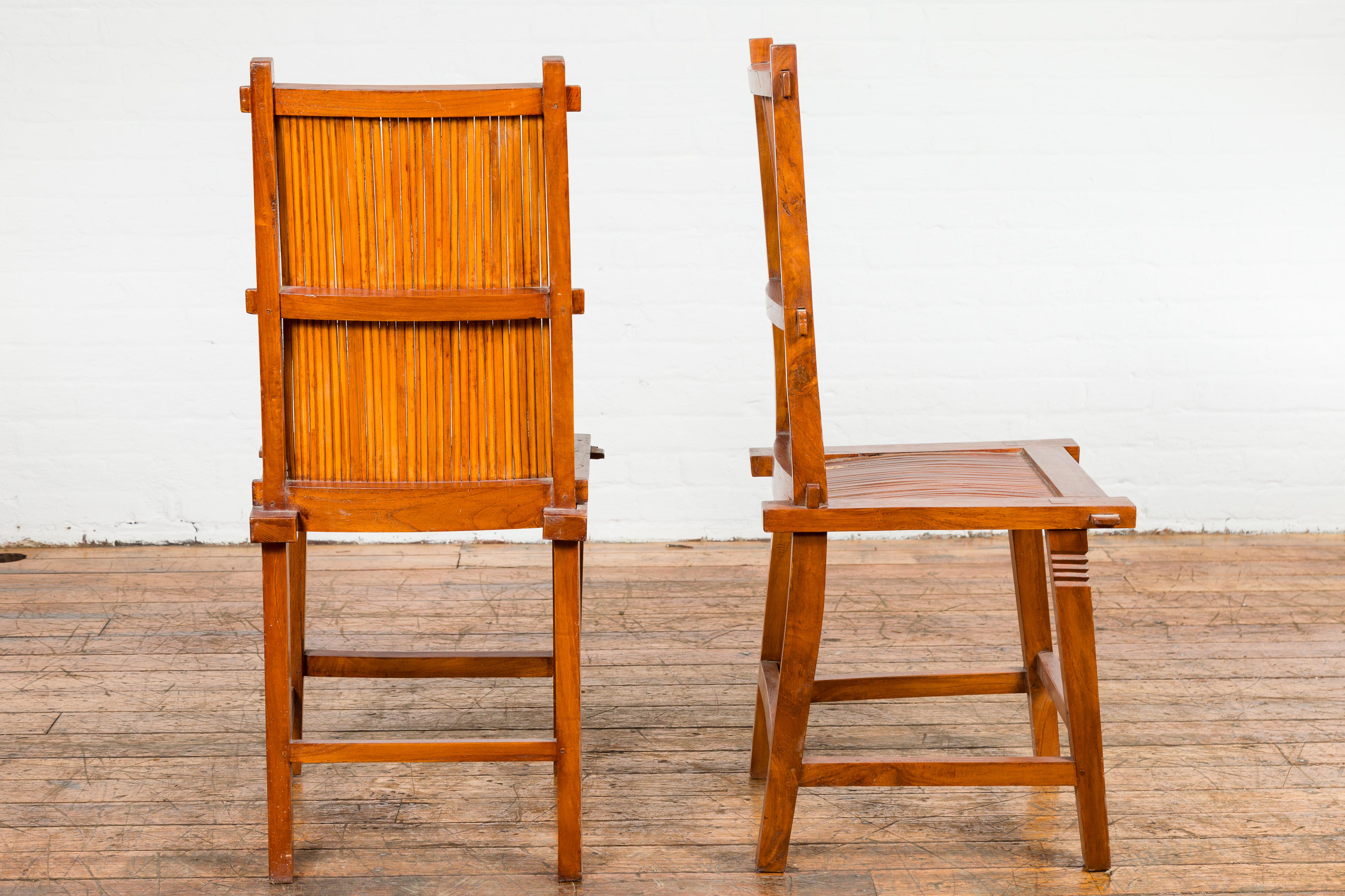 Wooden Side Chairs with Bamboo Slats, Distressed Finish and Tapered Legs, a Pair For Sale 4