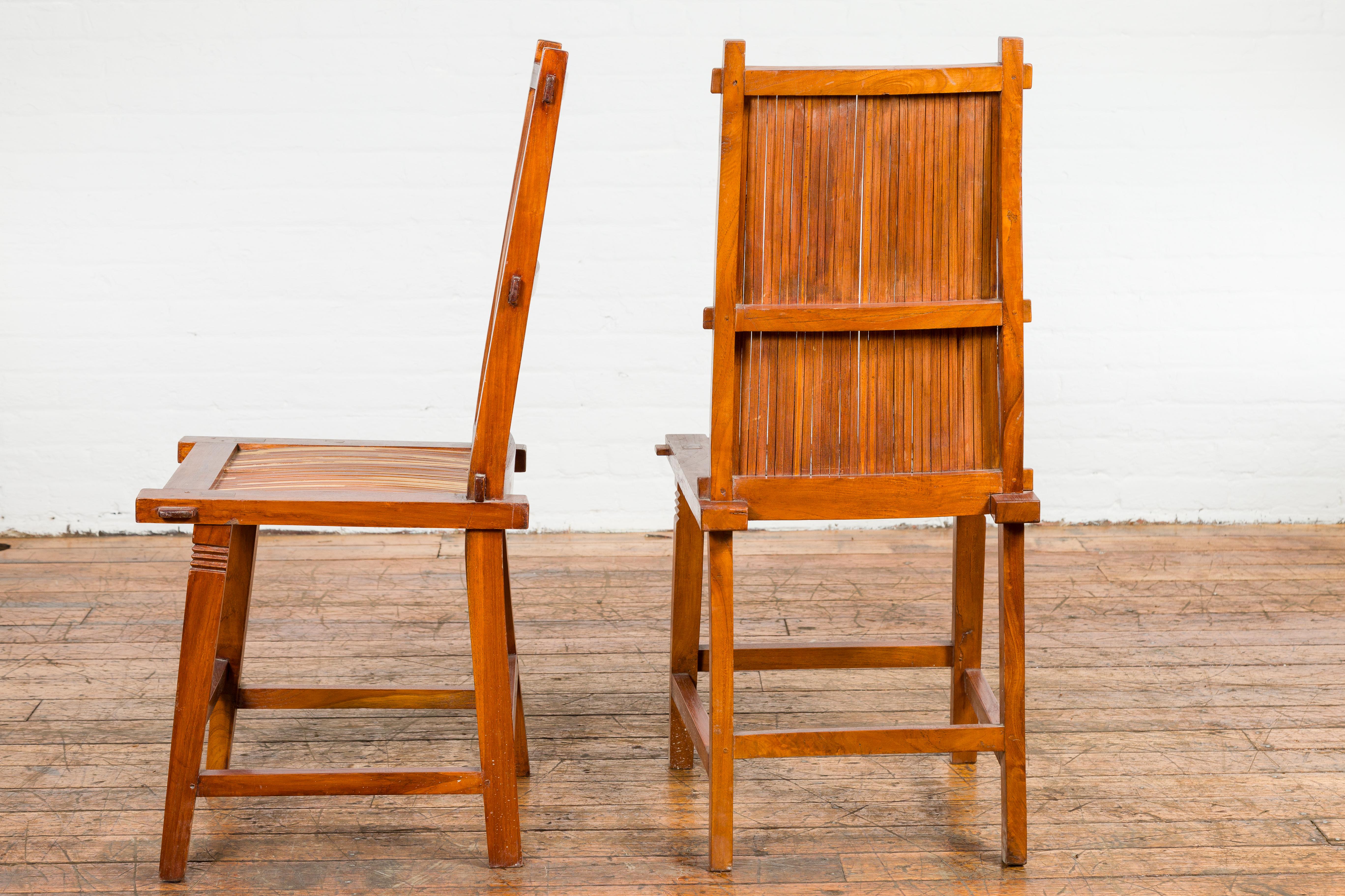 Wooden Side Chairs with Bamboo Slats, Distressed Finish and Tapered Legs, a Pair For Sale 5