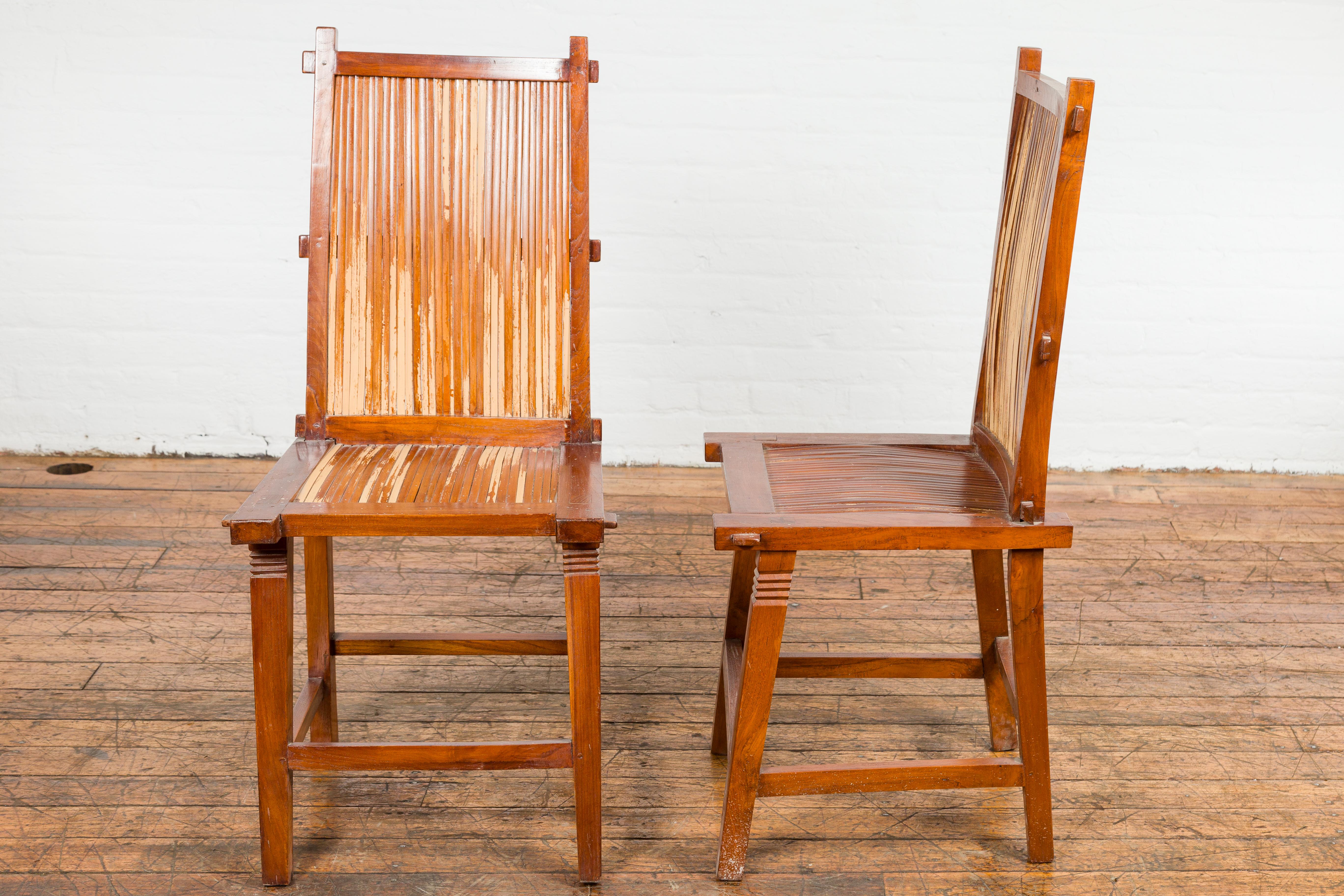 Wooden Side Chairs with Bamboo Slats, Distressed Finish and Tapered Legs, a Pair For Sale 6