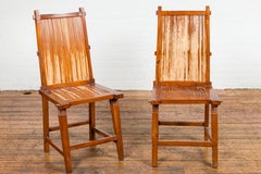 Wooden Side Chairs with Bamboo Slats, Distressed Finish and Tapered Legs, a Pair